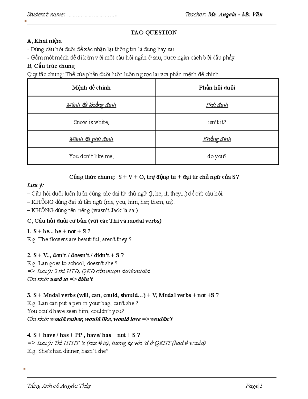 Tag Questions in English - Ms. Angela's Lesson Notes - Studocu