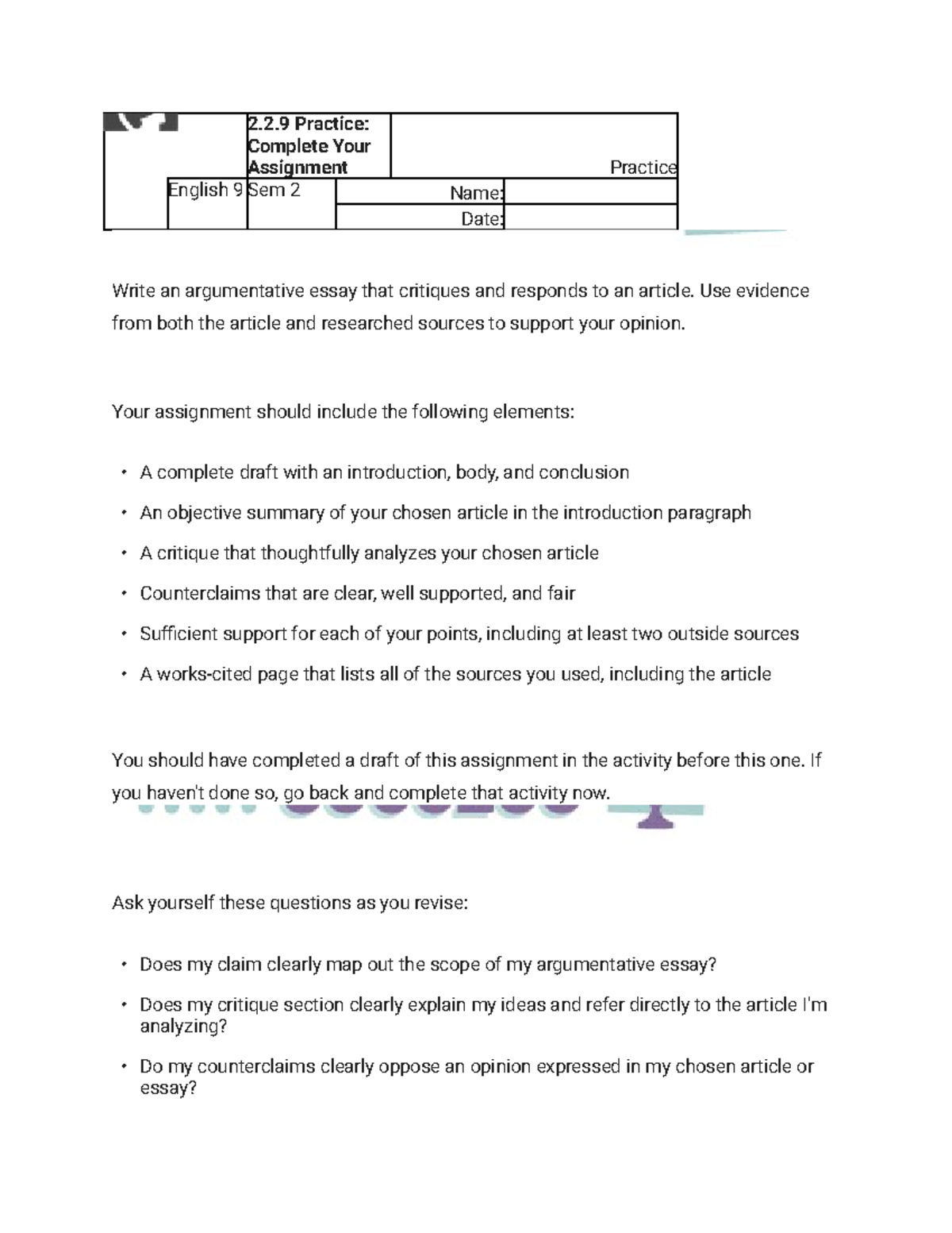 2.2.9 Practice: Argumentative Essay Assignment Guide (Eng 9 Sem 2 ...