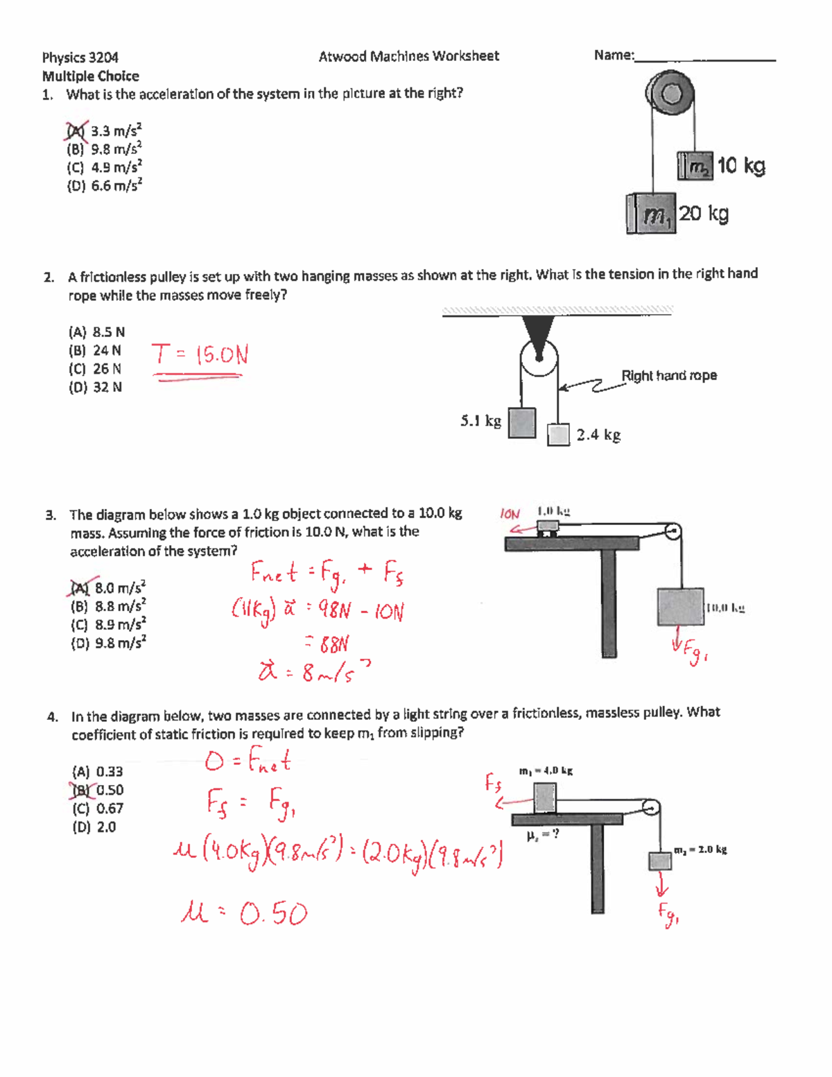 Physics 3204 Atwood Machines Worksheet - Key Concepts & Problems - Studocu