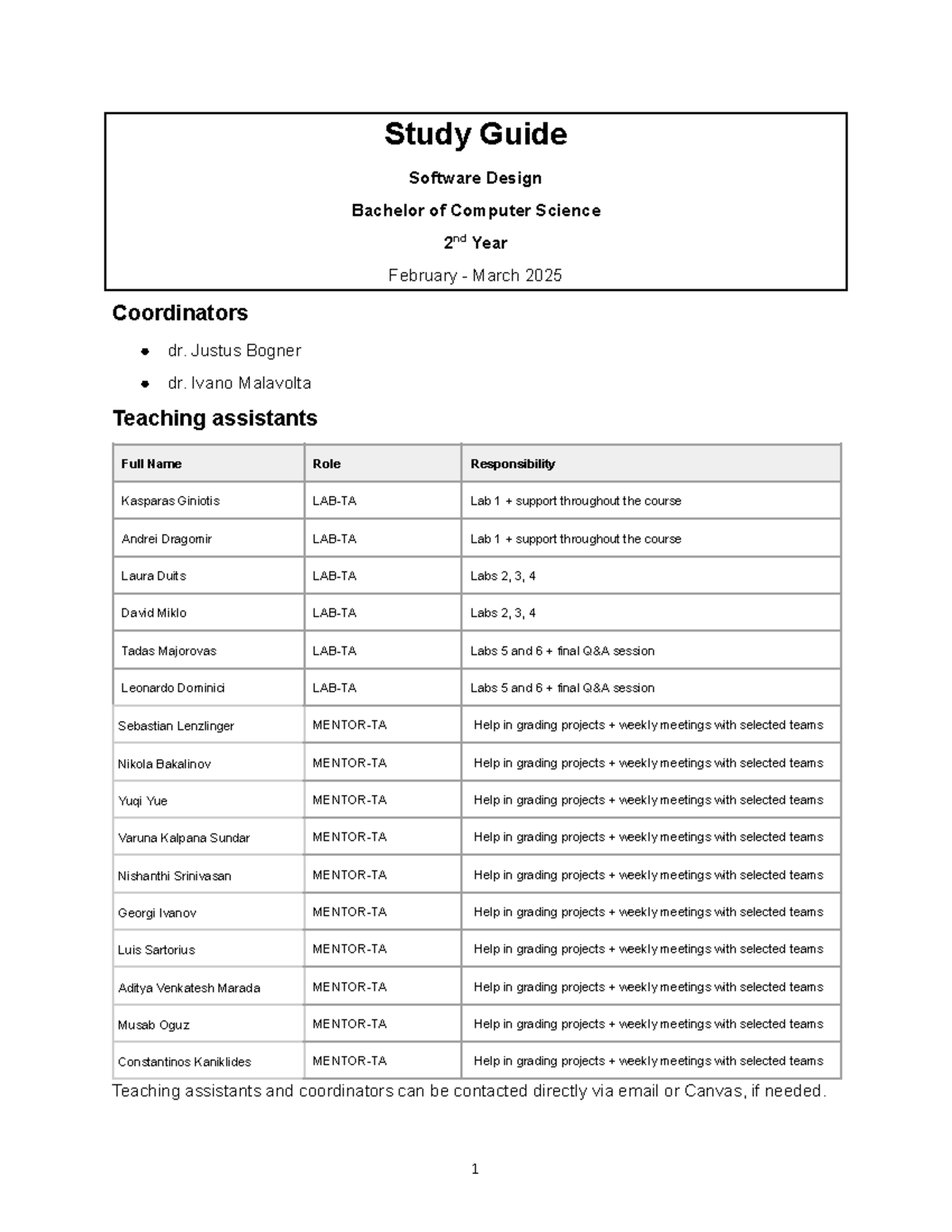 Study Guide: Software Design (CS 2nd Year) - Feb-Mar 2025 - Studocu