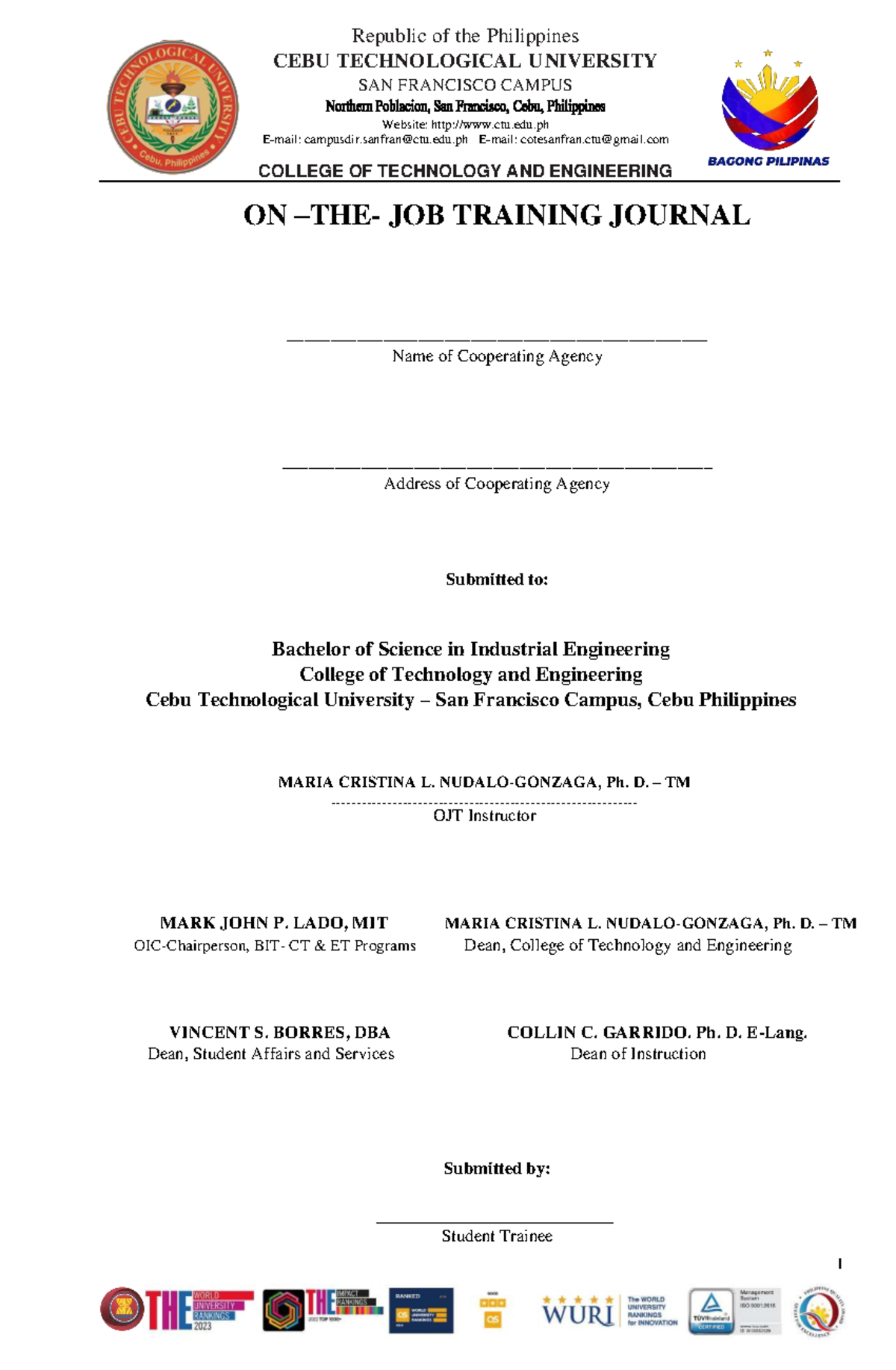 COTE OJT Internship Journal for BIT Programs at CTU San Francisco - Studocu