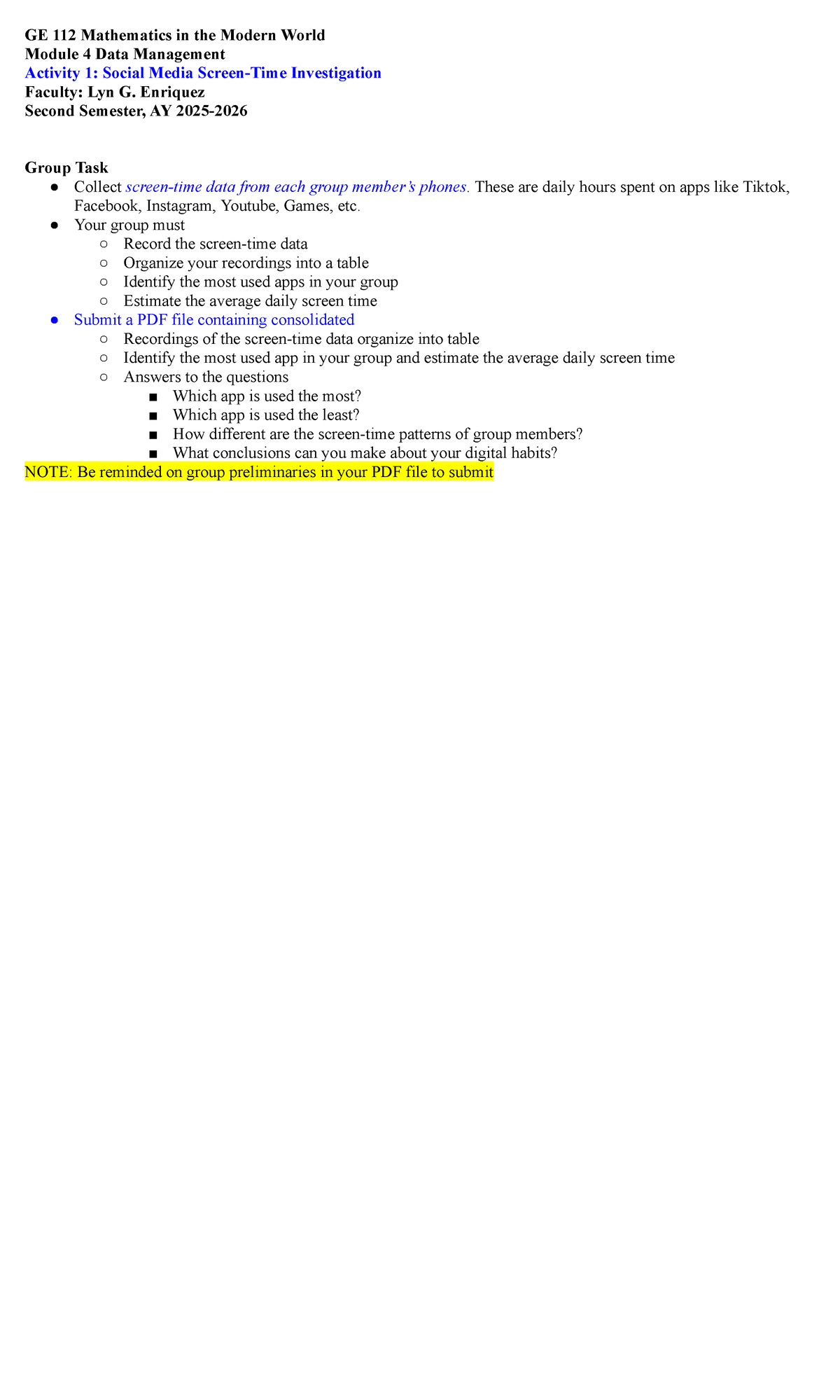 GE 112 Module 4 Activity 1: Social Media Usage Analysis - Studocu