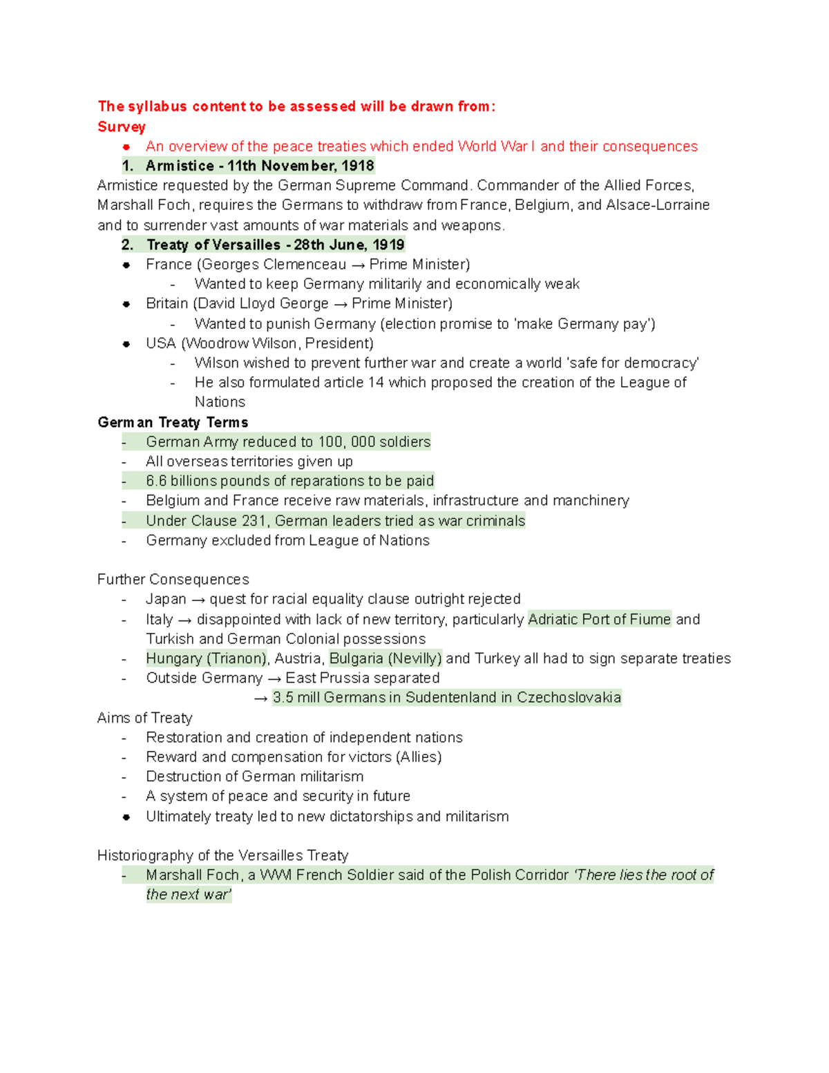 Modern History - Power & Authority - WWI Treaties & Nazi Regime Notes ...