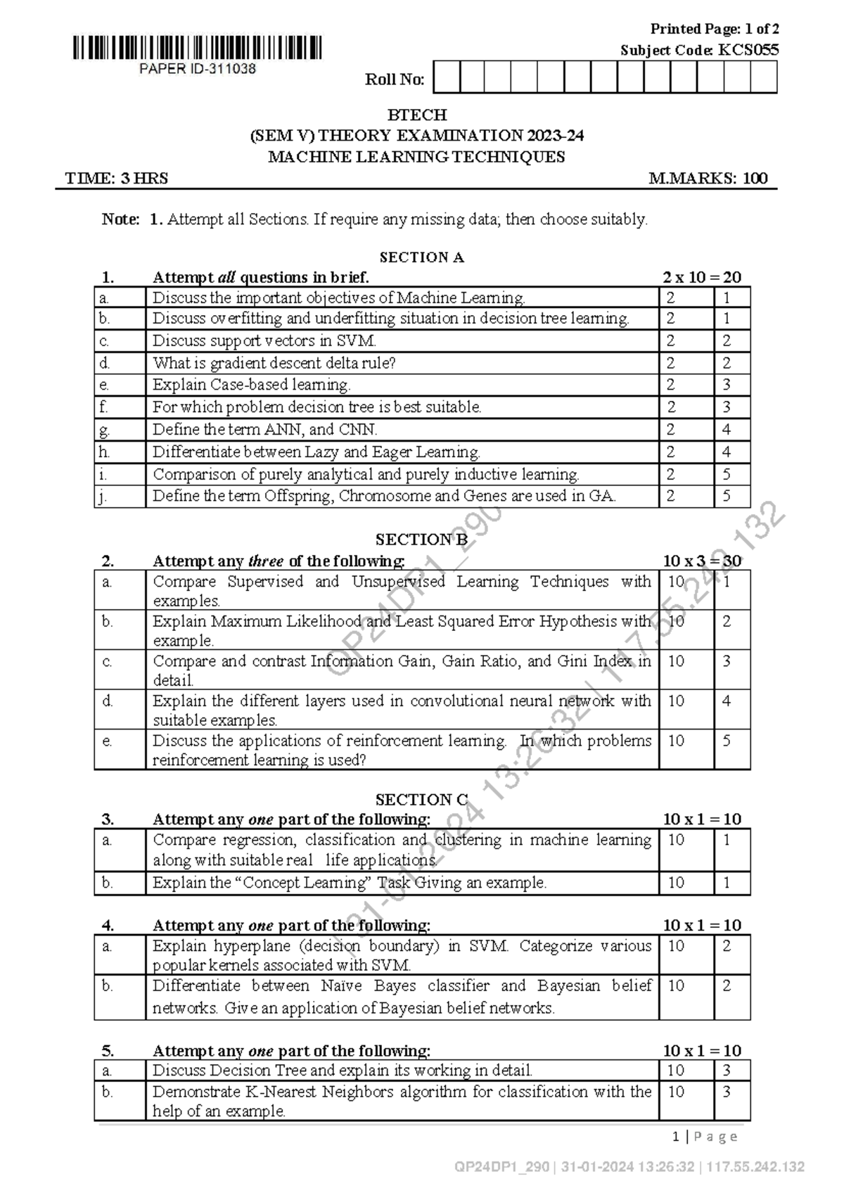 BTECH (SEM V) KCS055 Machine Learning Techniques Exam Paper Solutions ...