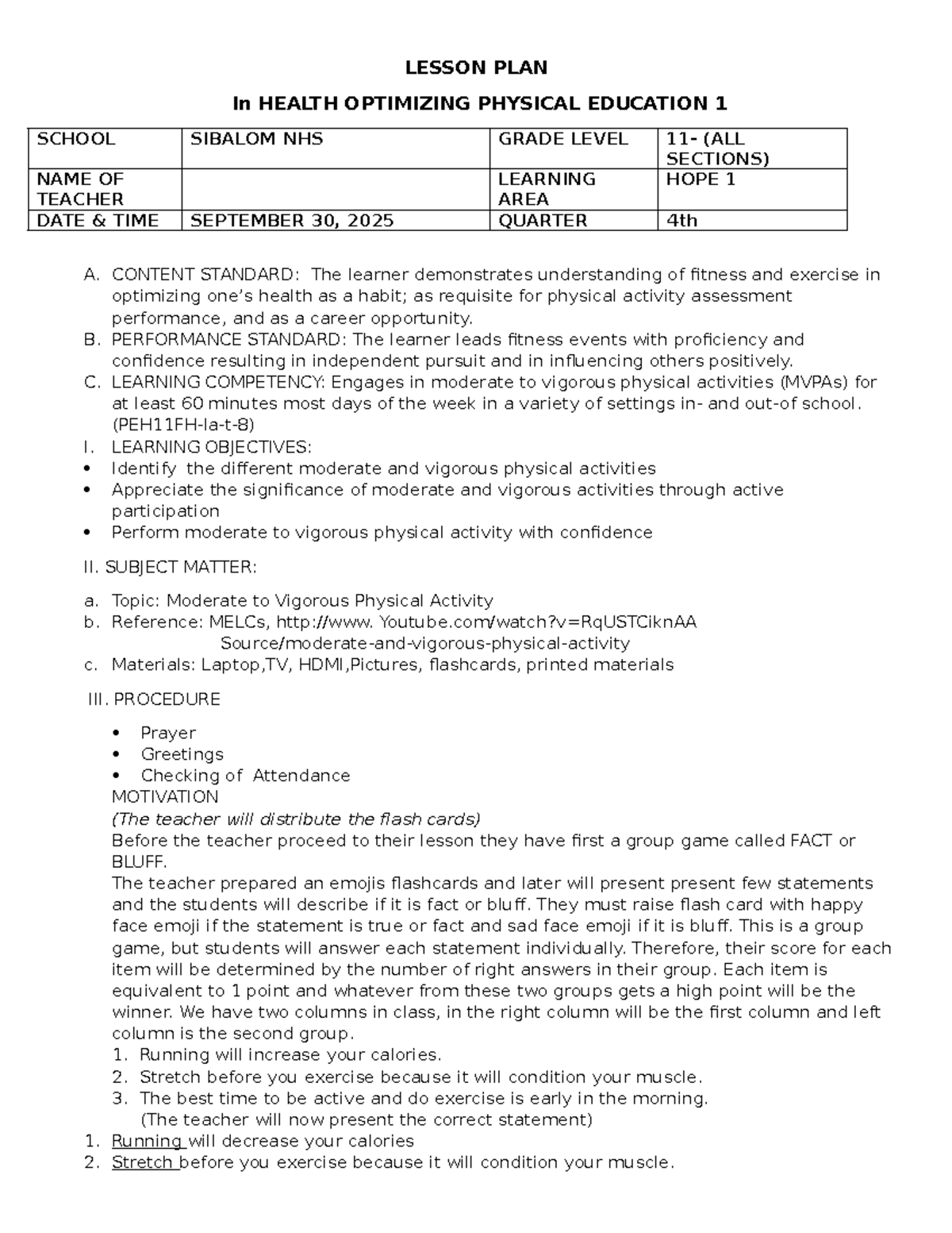 LESSON PLAN: HOPE 1 - Optimizing Health through Physical Education ...