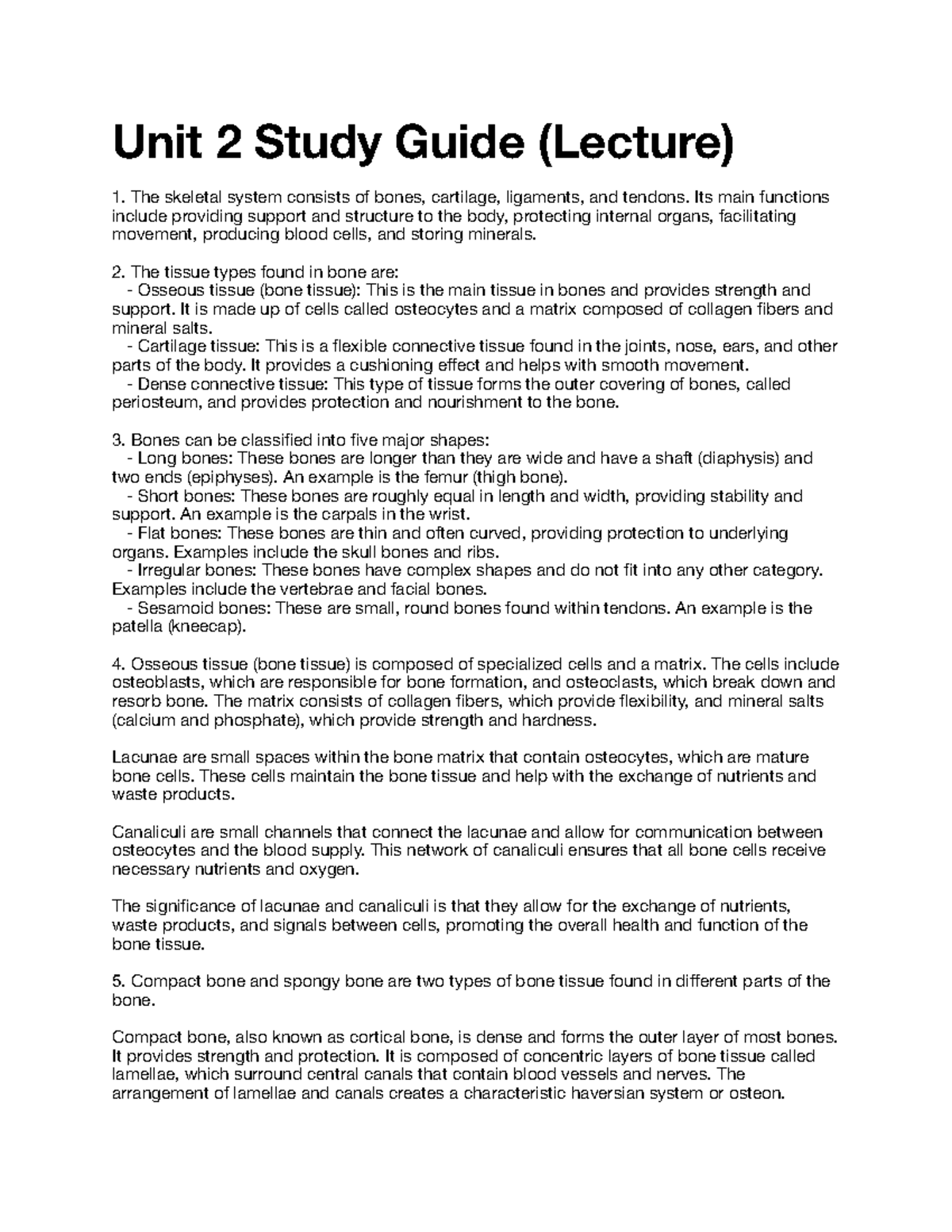 Unit 2 Study Guide (Lecture): Understanding the Skeletal System and ...