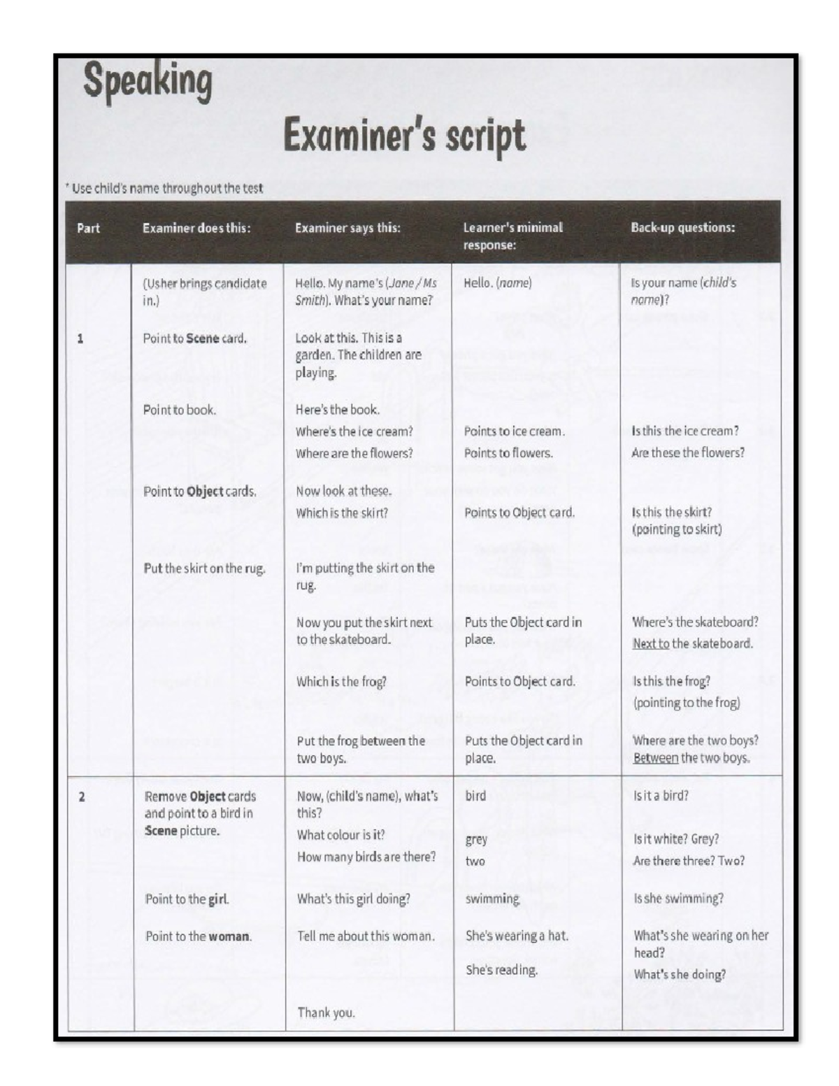 Starters Final Speaking Test Script and Examiner Instructions - Studocu