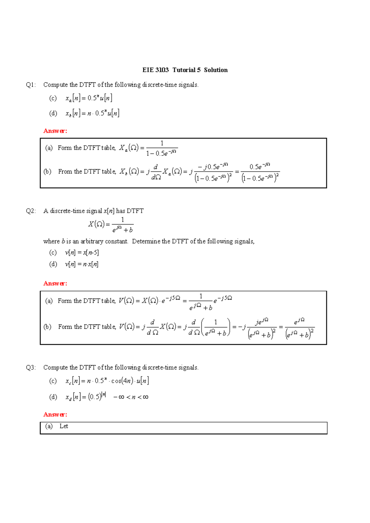 Eie3103 tut5 - tut 5 - EIE 3103 Tutorial 5 Solution Q1: Compute the ...
