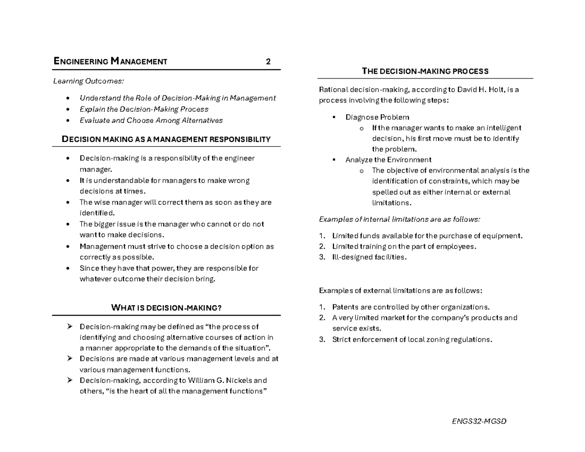 EM 2: Decision-Making Process in Engineering Management - Studocu