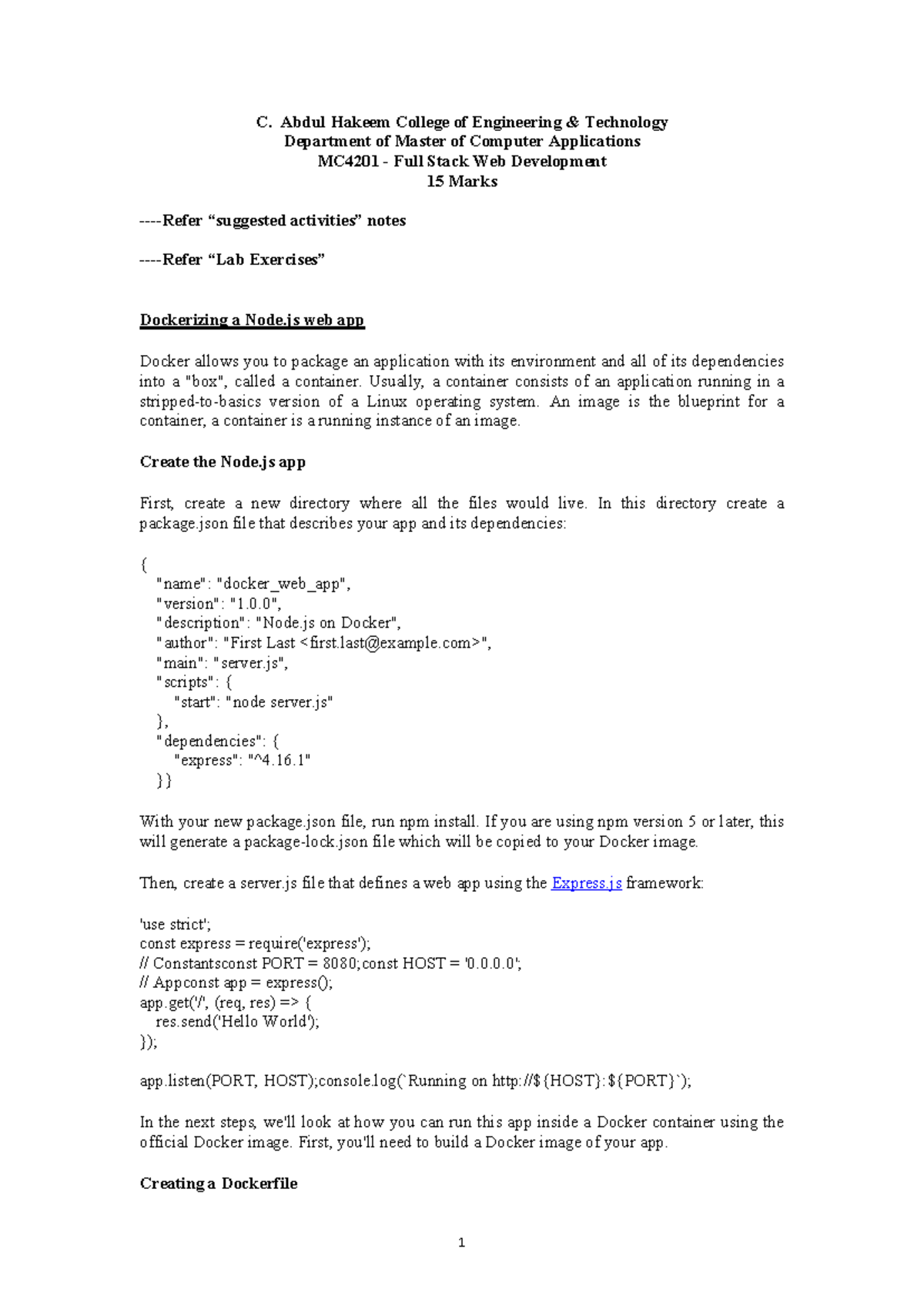 MC4201 15 Marks - Dockerizing Node.js Web App for Full Stack Dev - Studocu