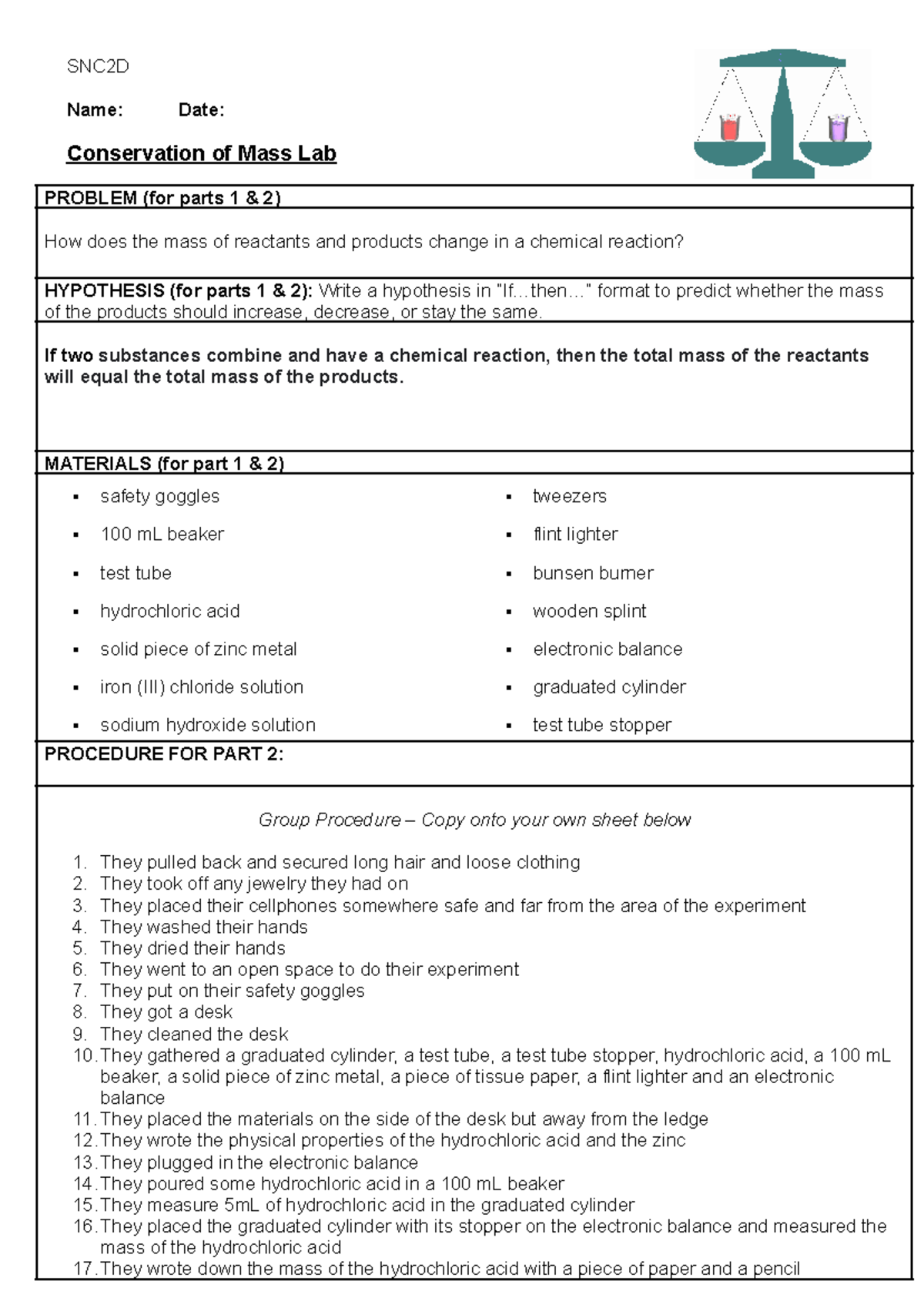 16-LAB Conservation of Mass LAB Report - Name: Date: Conservation of ...