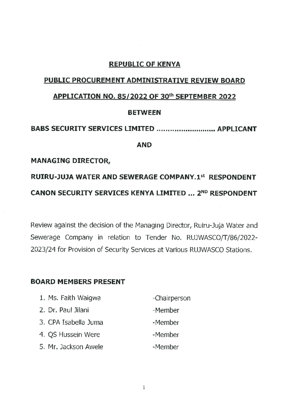 Decision No. 85 of 2022: Babs Security vs. Ruiru-Juja Water & Sewerage ...