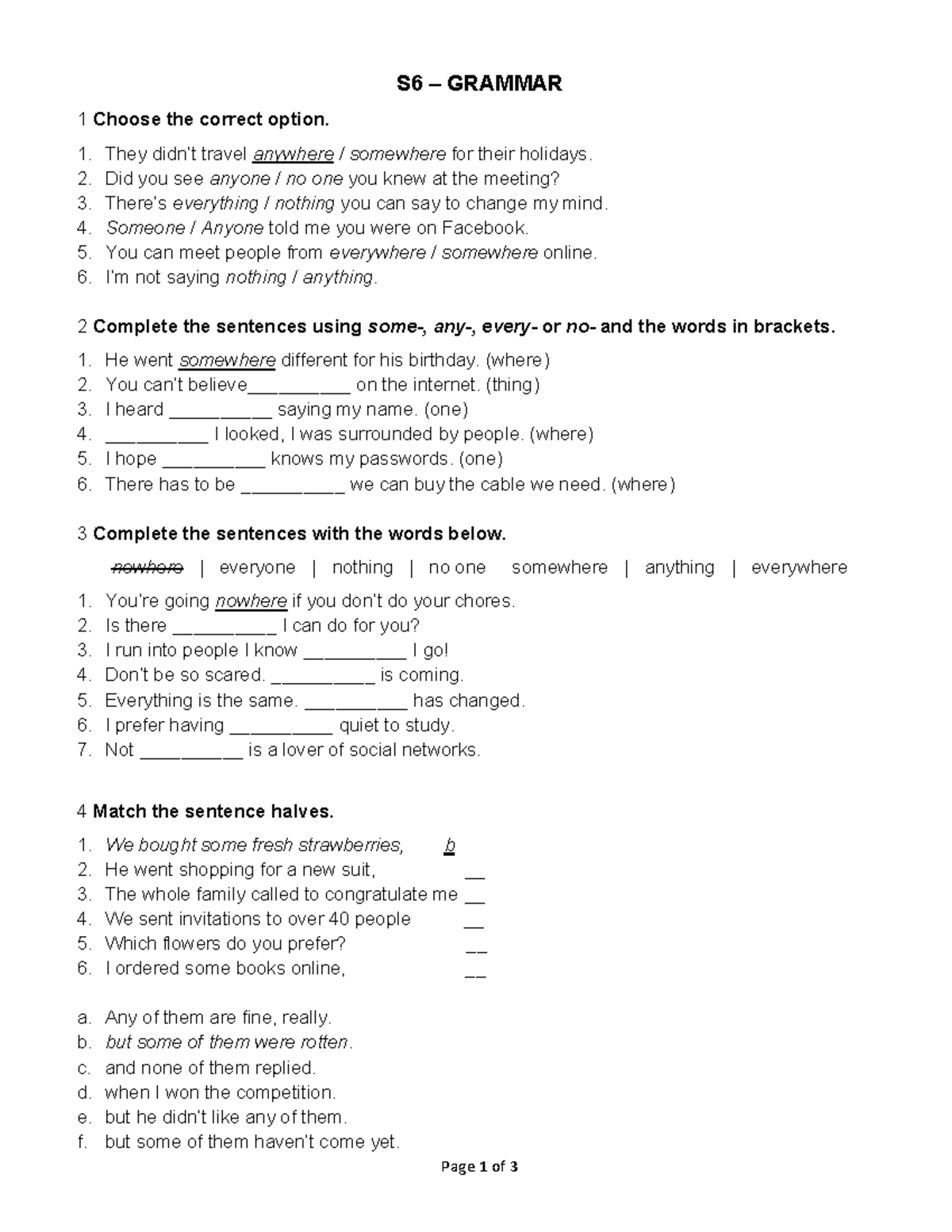 S6 Grammar - Exercises on Options and Sentence Completion - Studocu