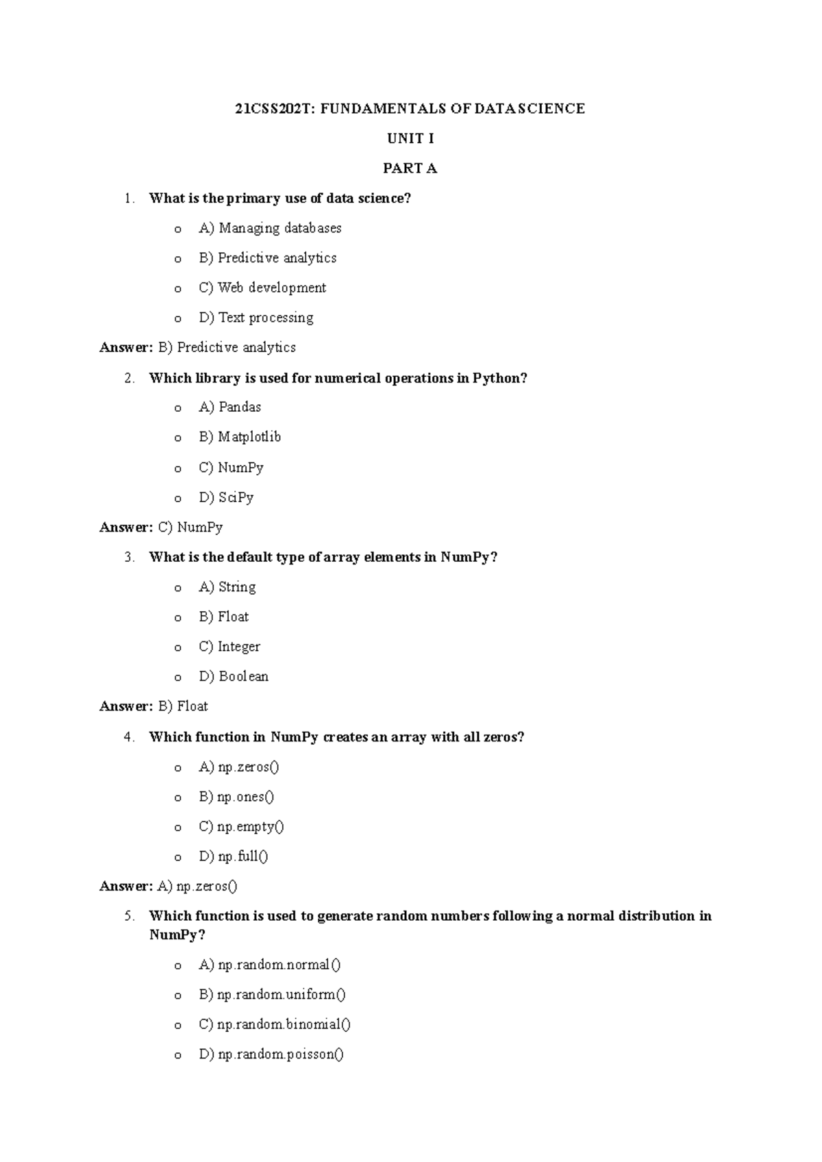 21CSS202T: Data Science Fundamentals Unit I Quiz & Exercises - Studocu