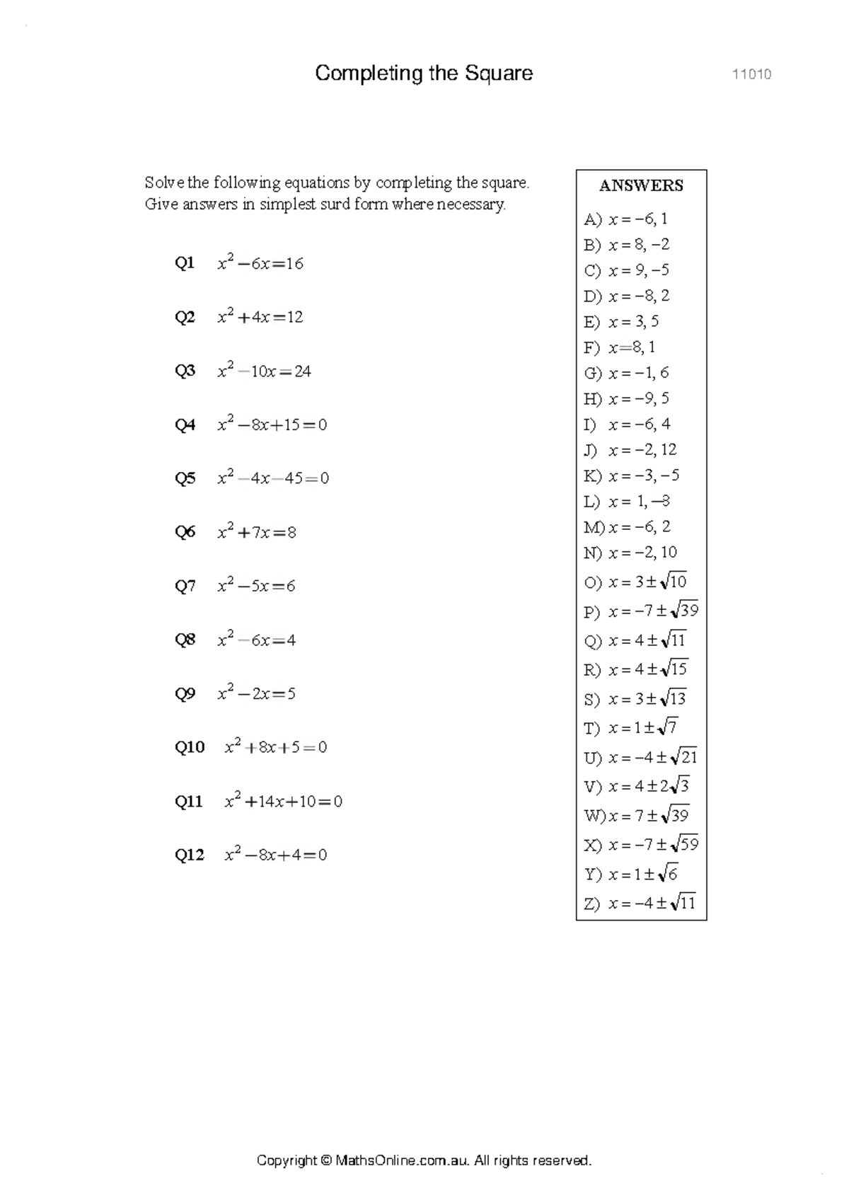 Completing the Square Worksheet - Practice Problems and Solutions - Studocu