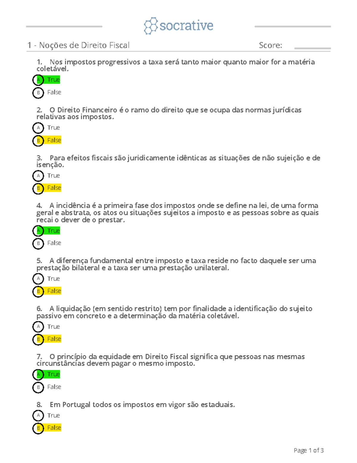 QUIZ 1 - Noções de Direito Fiscal - 1 - Noções de Direito Fiscal Score ...