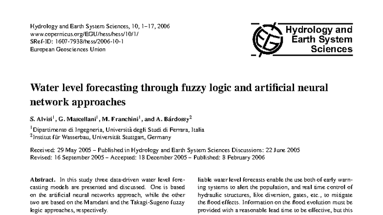 Water level forecasting through fuzzy logic and artificial neural ...