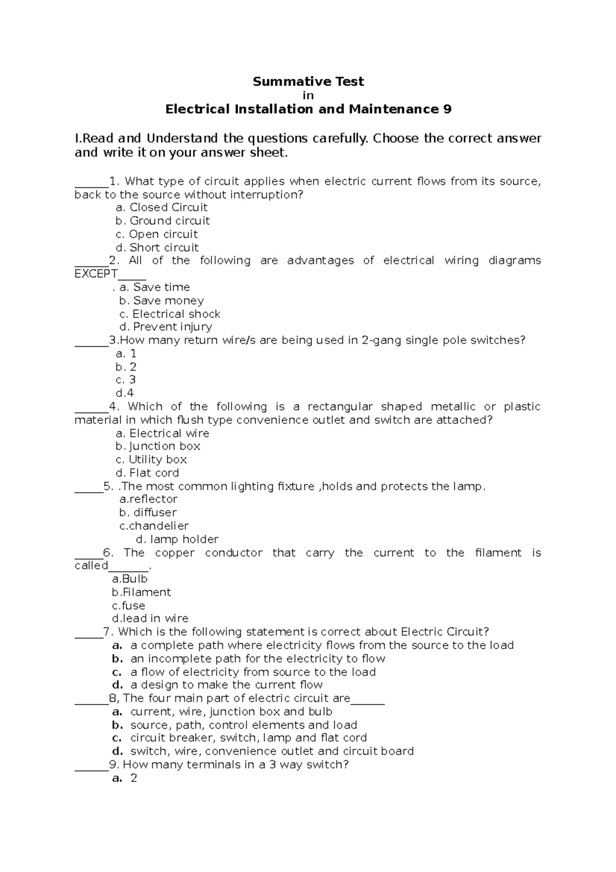 Eim 9 summative test - Summative Test in Electrical Installation and ...