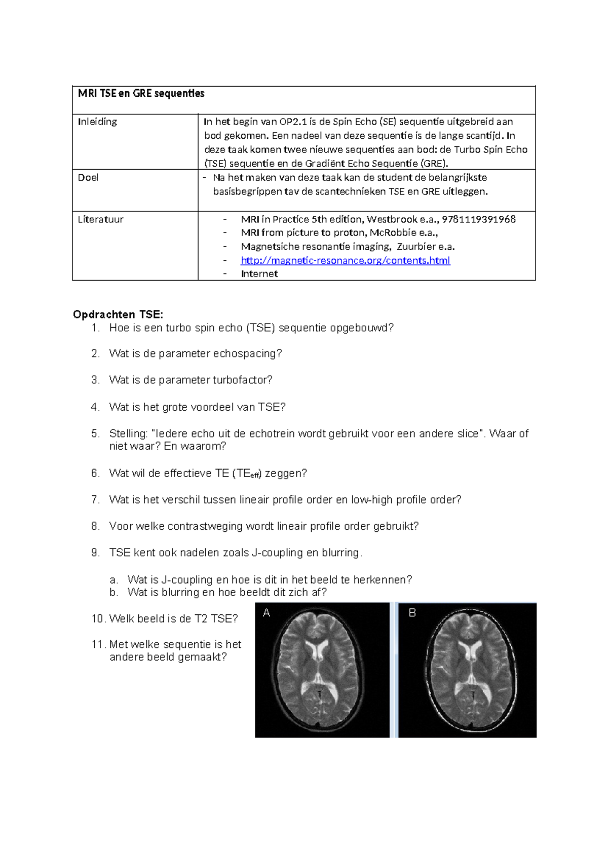 MRI2 TSE en GRE Sequenties: Inleiding en Opdrachten - Studeersnel
