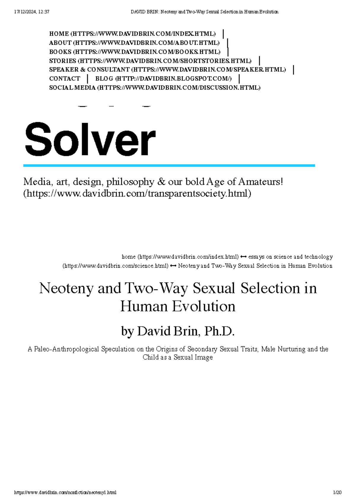 David BRIN Neoteny and Two-Way Sexual Selection in Human Evolution ...