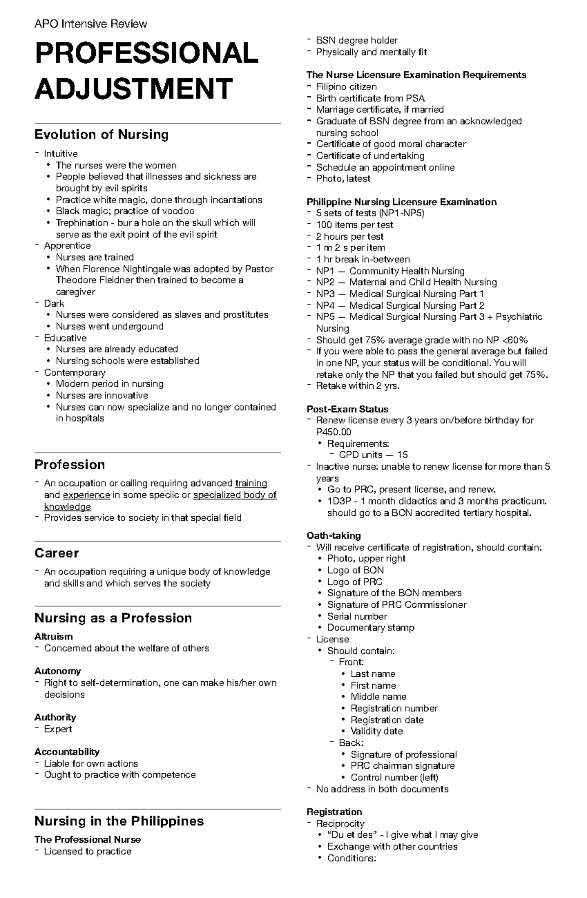 APO Intensive Review: Evolution of Nursing and Professional Adjustment - Document Preview