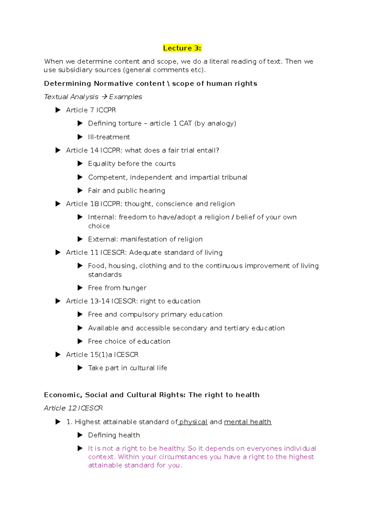 International Human Rights Lecture 3: Normative Content & Scope ...