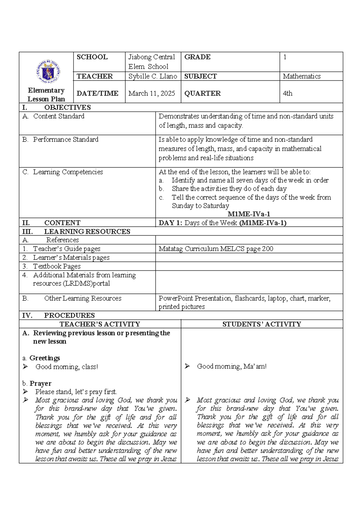 Math Lesson Plan for Grade 1: Days of the Week (M1ME-IVa-1) - Document Preview