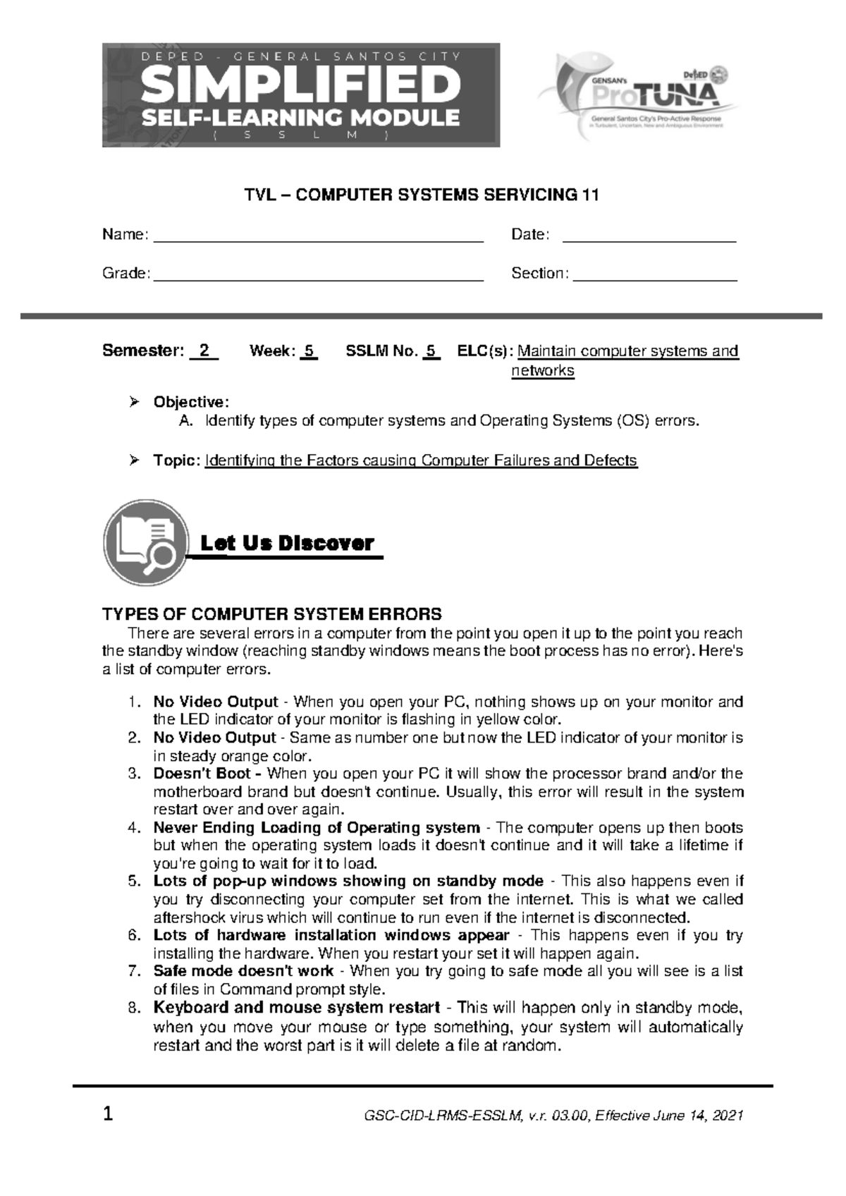 CSS11 SSLM QTR3 WK5 - Identifying Computer System Errors and Solutions ...