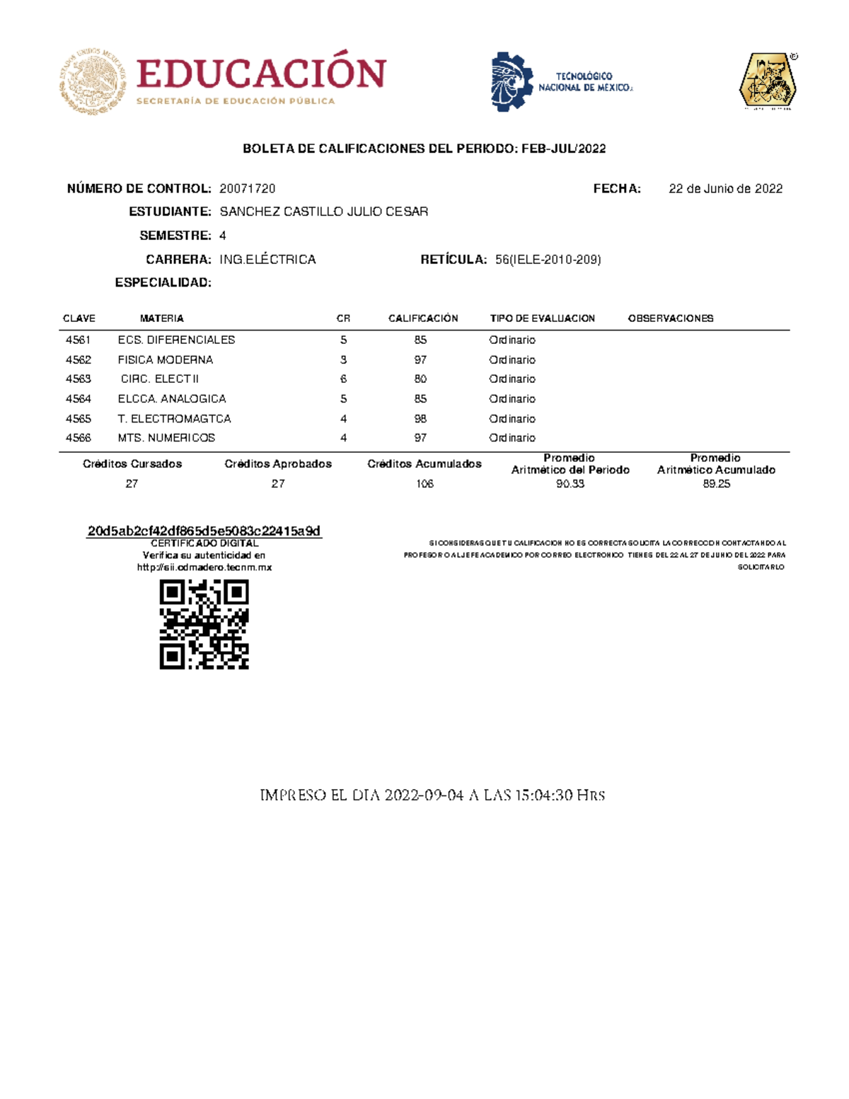 Boleta de Calificaciones - Ing. Eléctrica 4to Semestre 2022 - Document Preview
