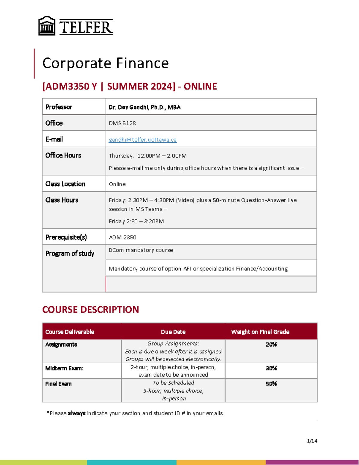 Corporate Finance Syllabus - ADM 3350 Y Summer 2024 Edition - Studocu