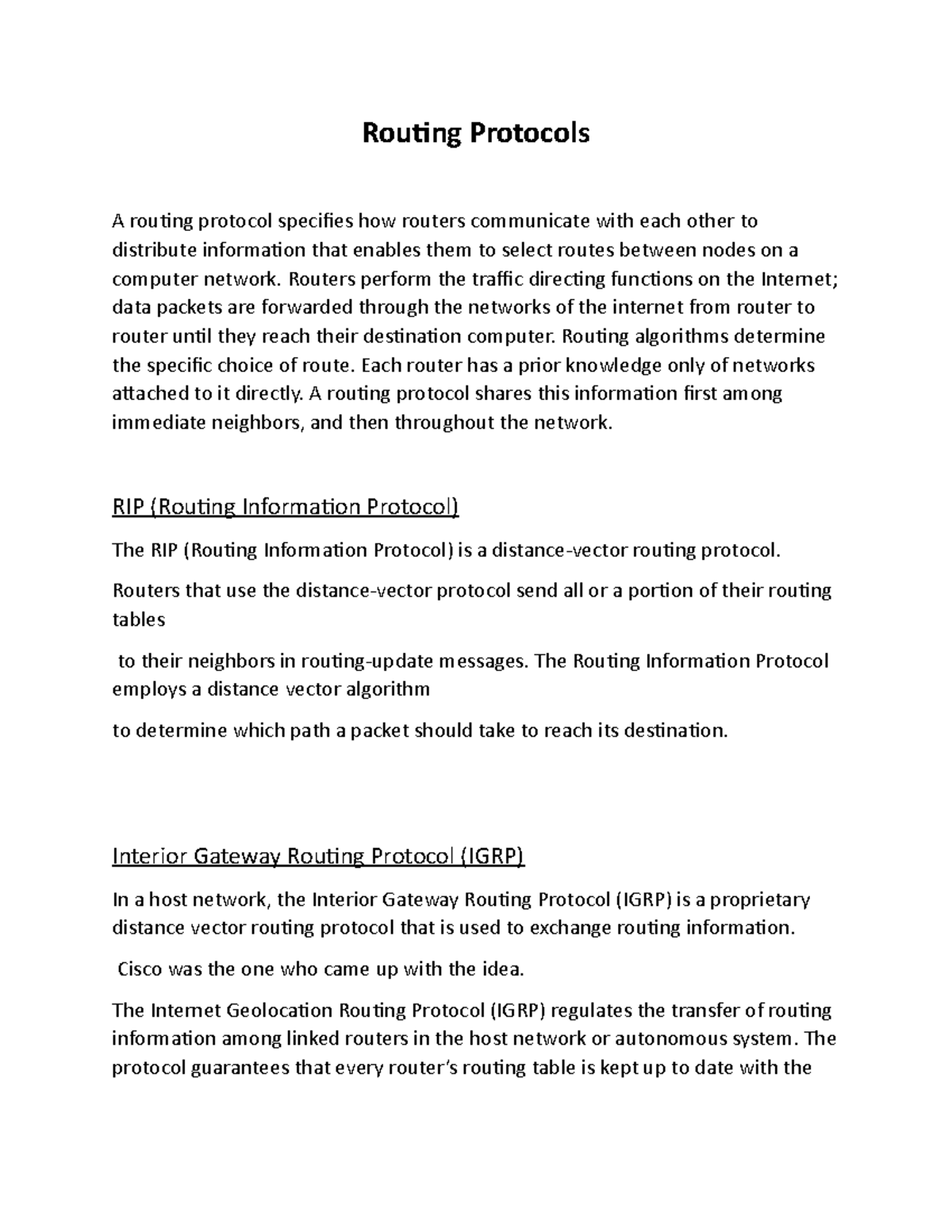 Routing Protocols.docx - Routing Protocols A routing protocol specifies ...