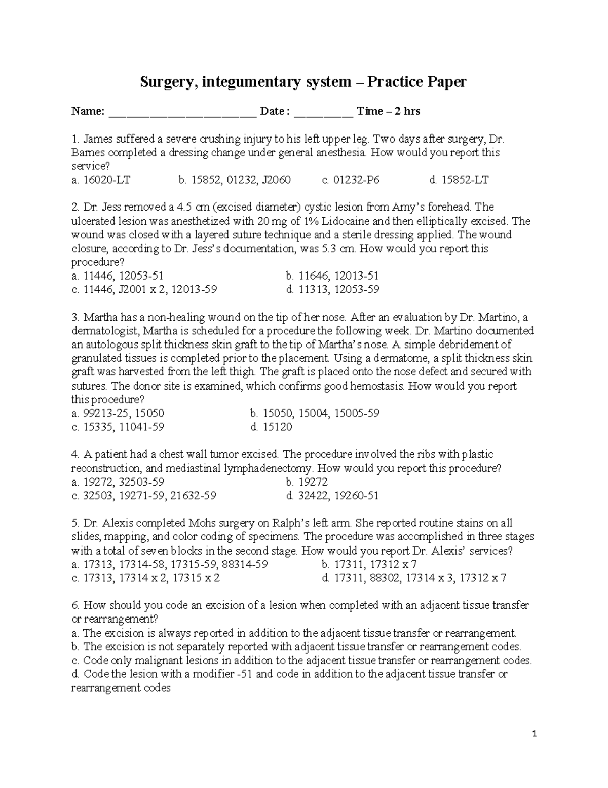 10000 - Integumentary Surgery Coding Practice Paper - Studocu