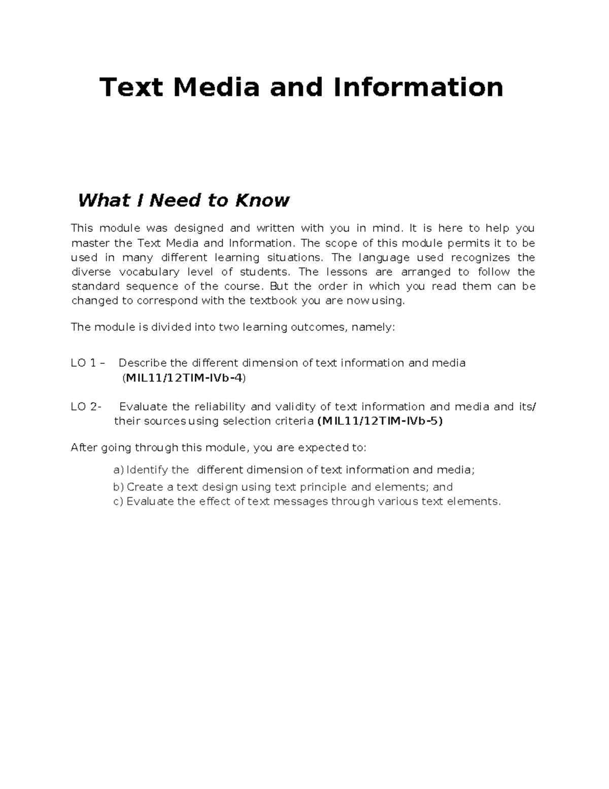 Text Media and Information Module Overview (MIL11/12TIM-IVb) - Studocu
