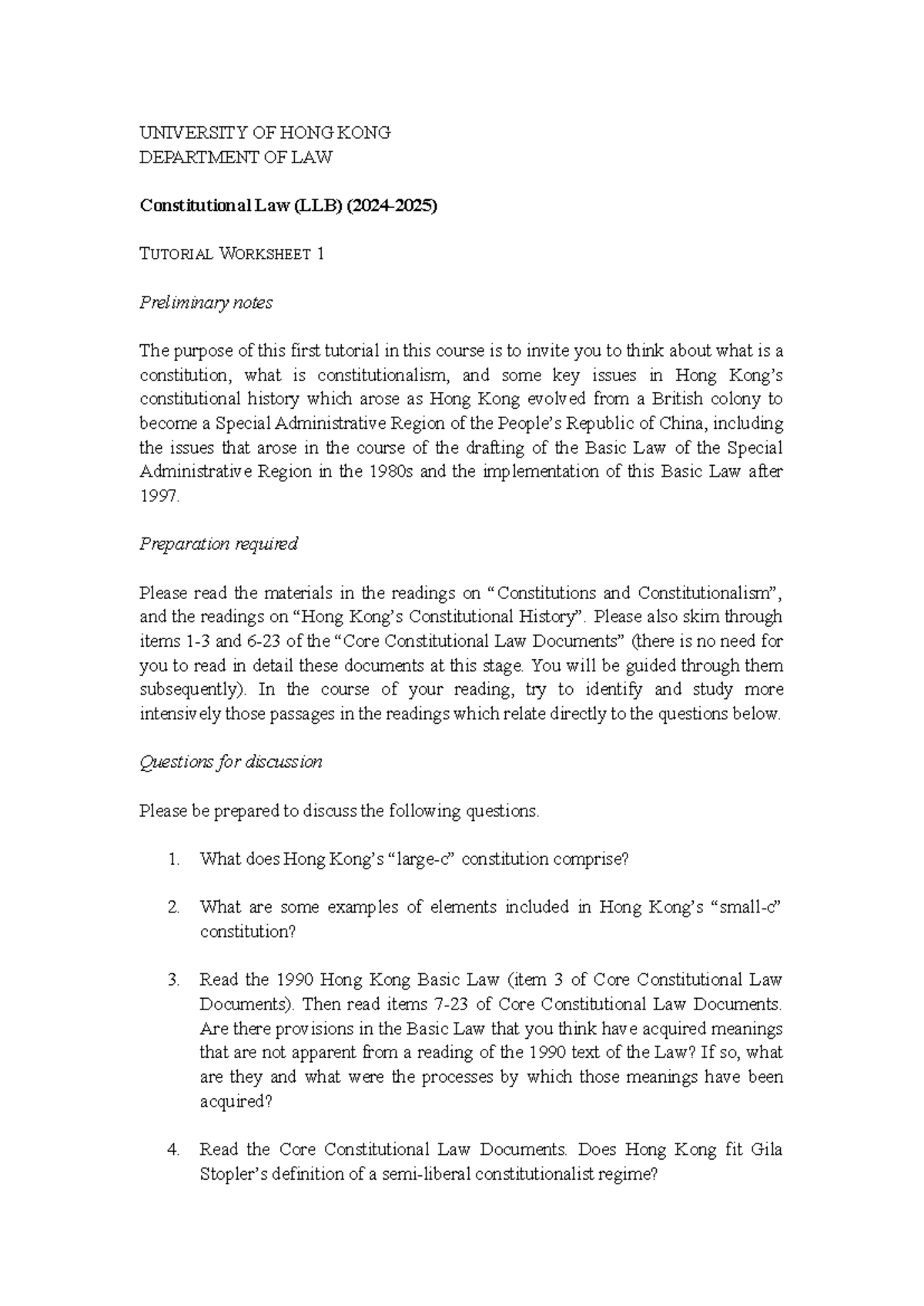LLB Constitutional Law (2024-2025) Tutorial 1 Discussion Questions ...