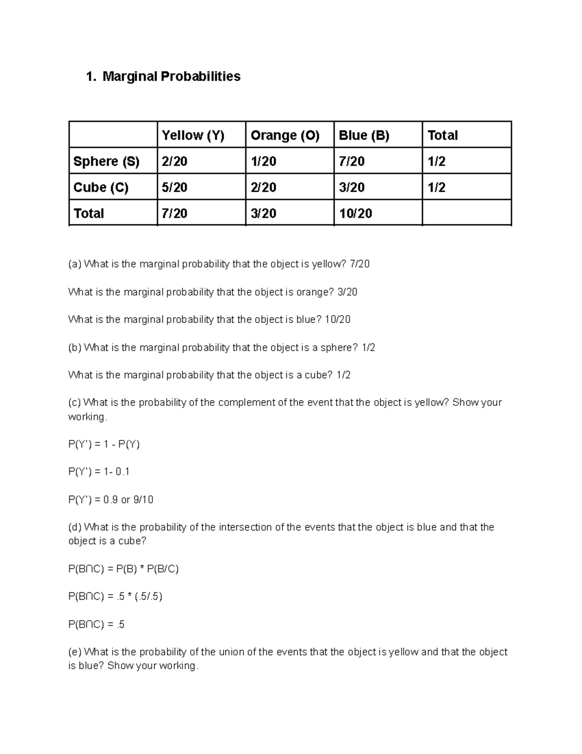 BSNS112 Assignment 1 - Notes - 1. Marginal Probabilities Yellow (Y ...