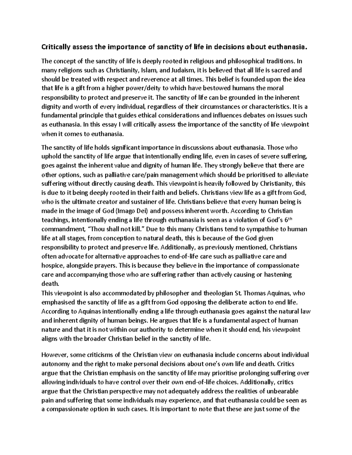 Critical Analysis of Sanctity of Life in Euthanasia Decisions - Studocu