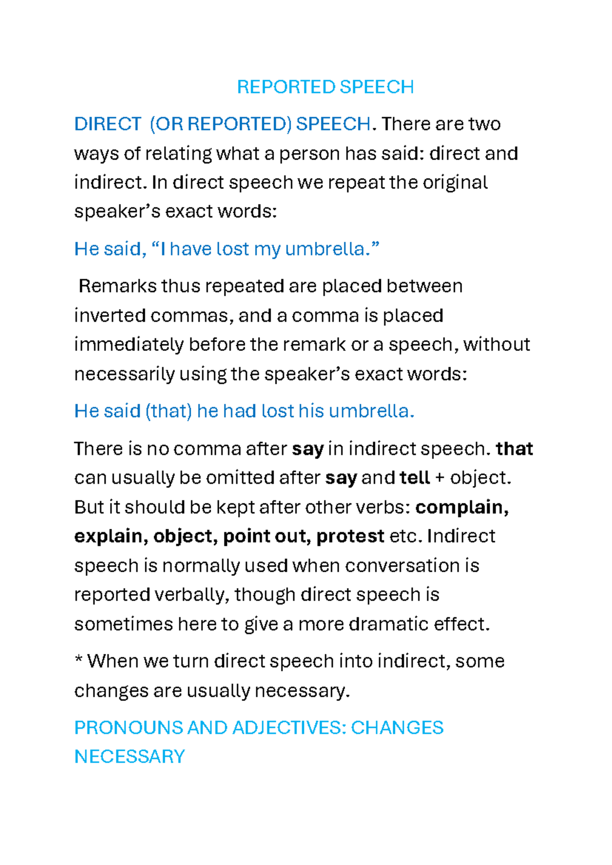 Understanding Reported Speech: Direct vs Indirect (Doc 7) - Studocu