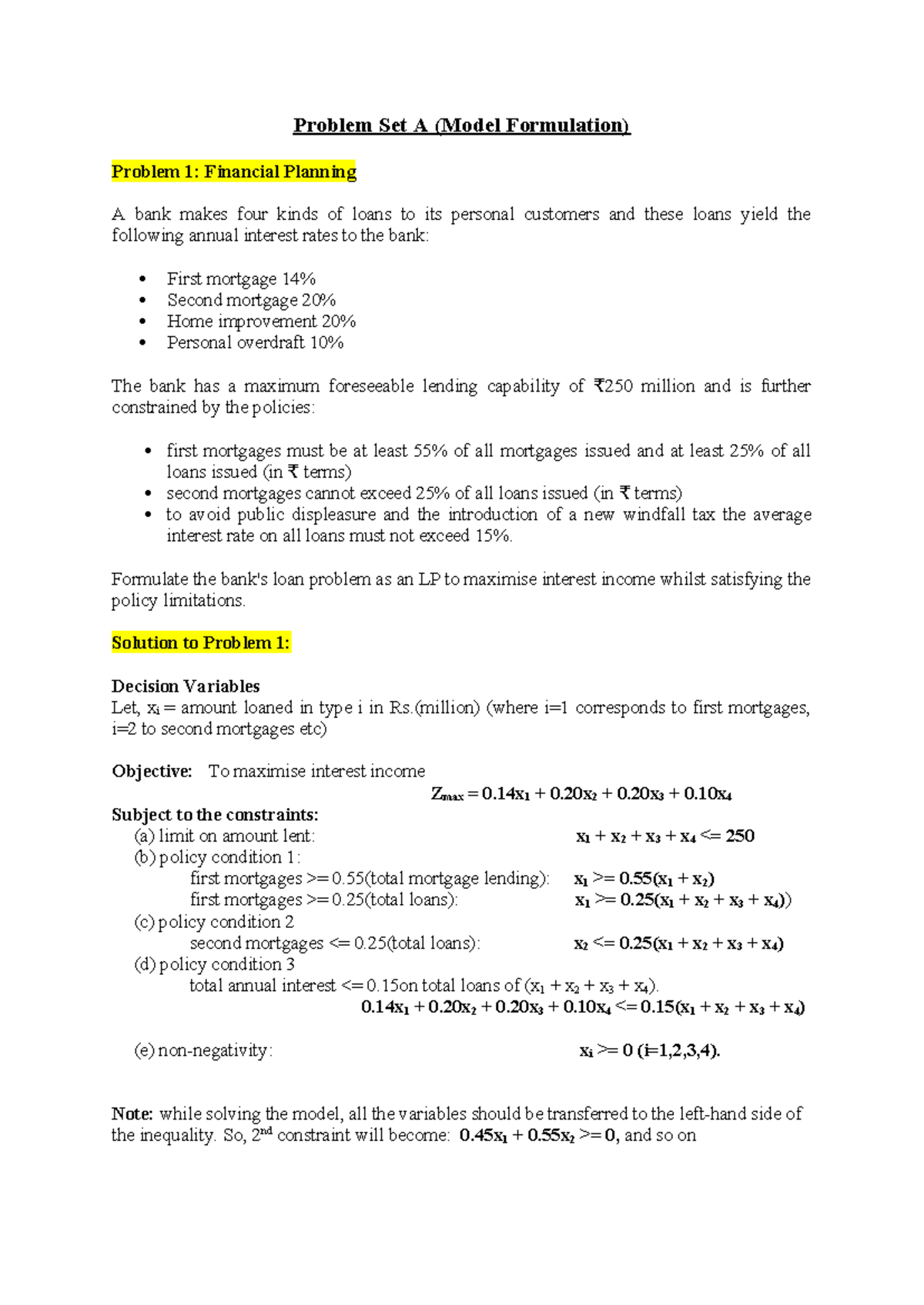 Problem Set A Model Formulation - Problem Set A (Model Formulation ...