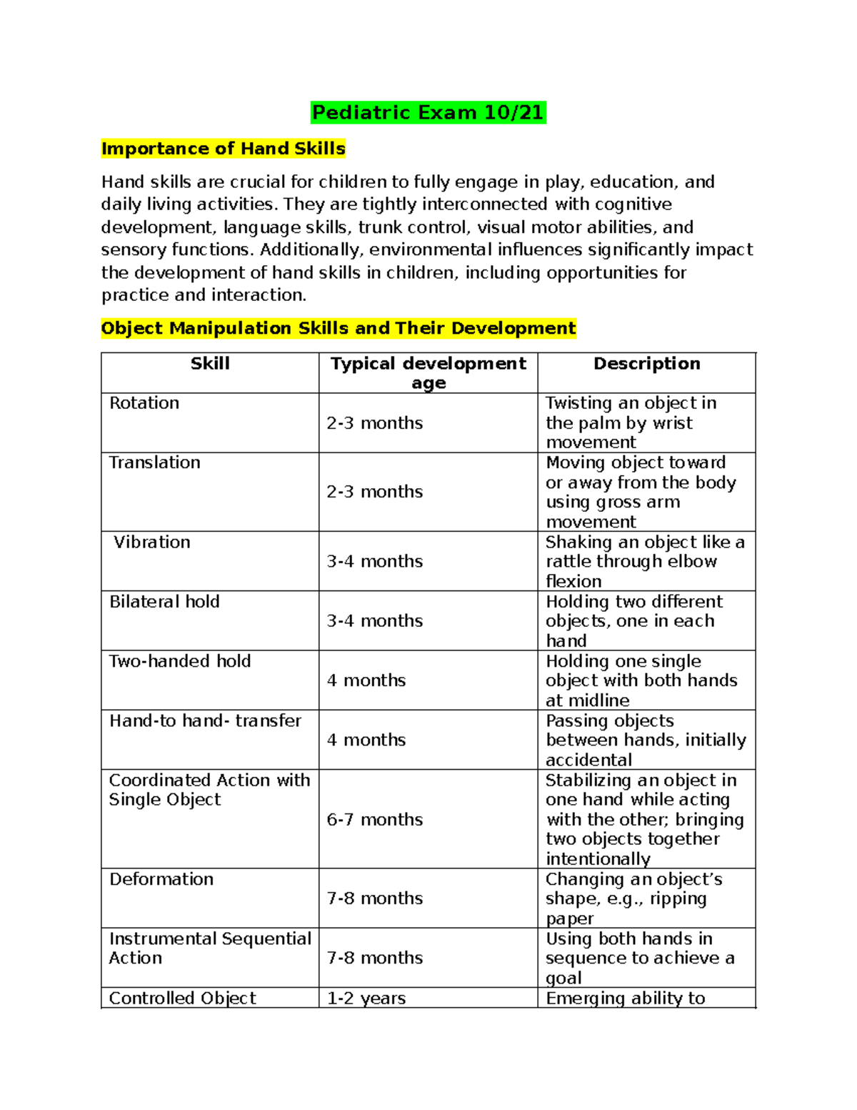 Pediatric Exam: Importance of Hand Skills in Child Development - Studocu