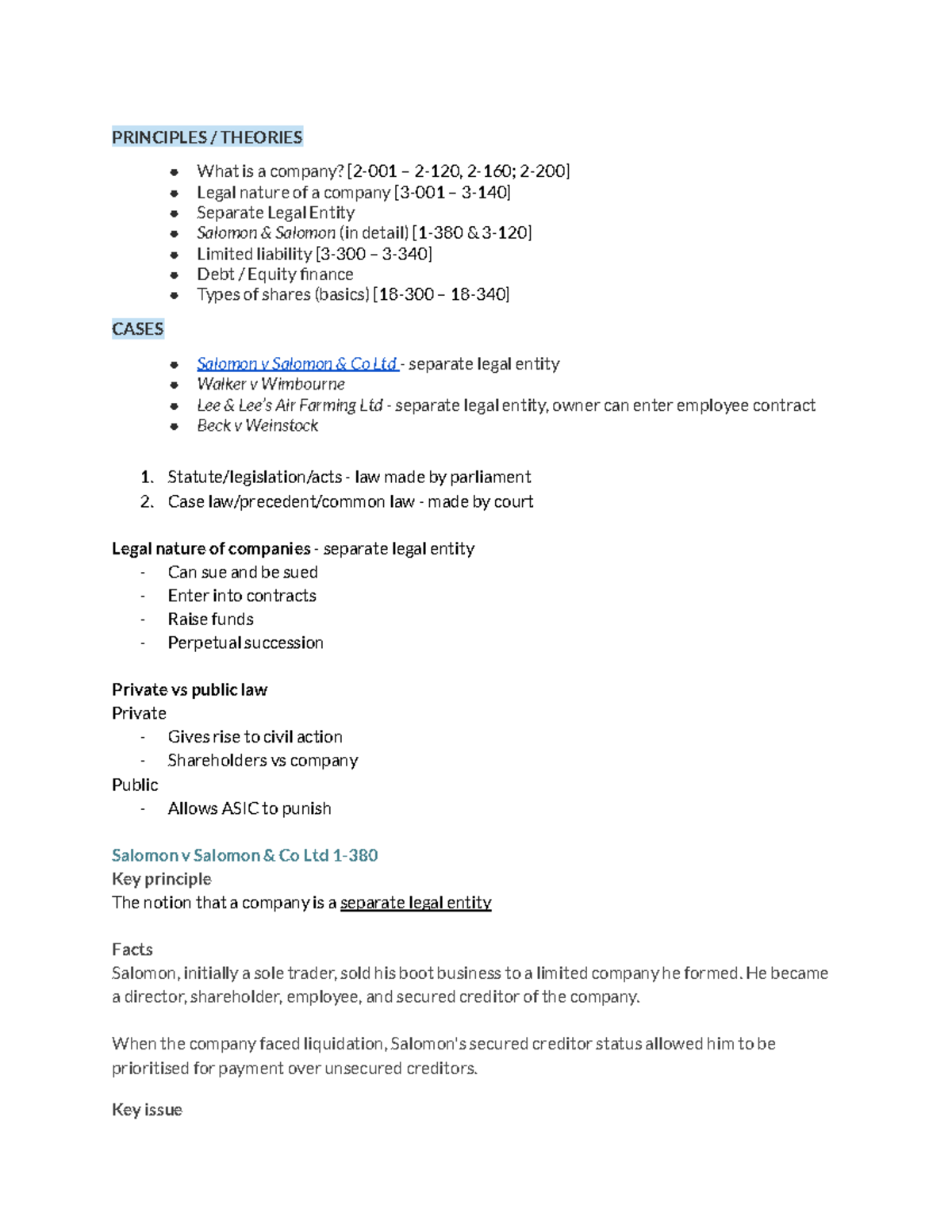 Principles and theories of company law: Legal nature and cases - Studocu