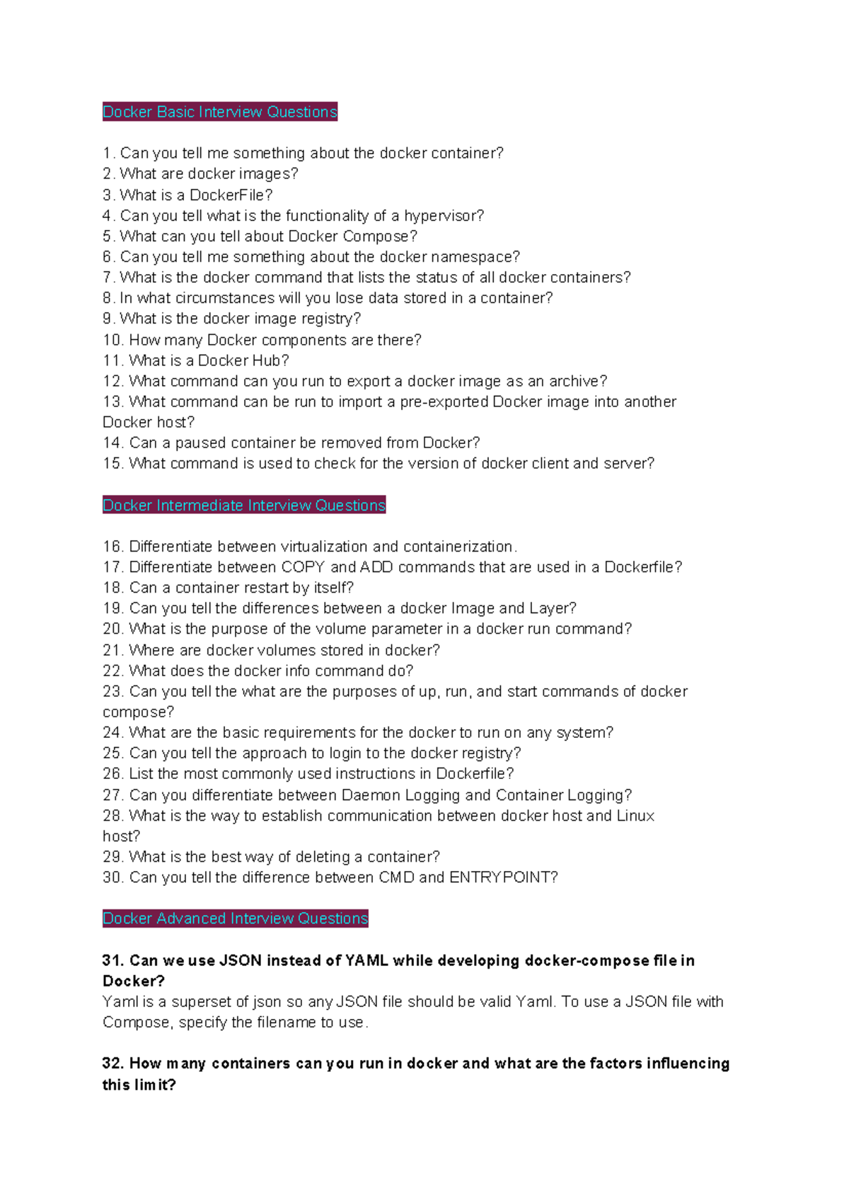Docker Interview Questions: Basics, Intermediate, and Advanced - Studocu