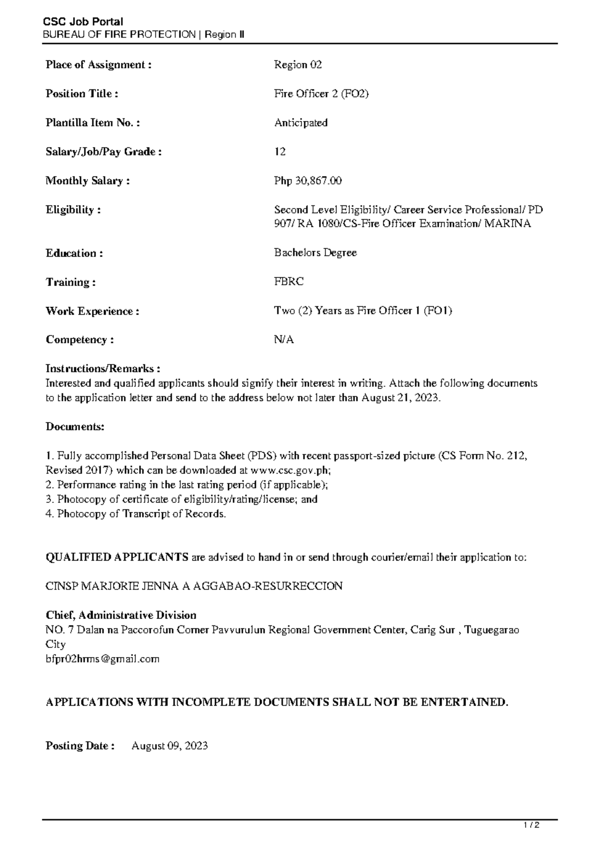 Fire Officer 2 (FO2) Job Announcement - Bureau of Fire Protection - Studocu