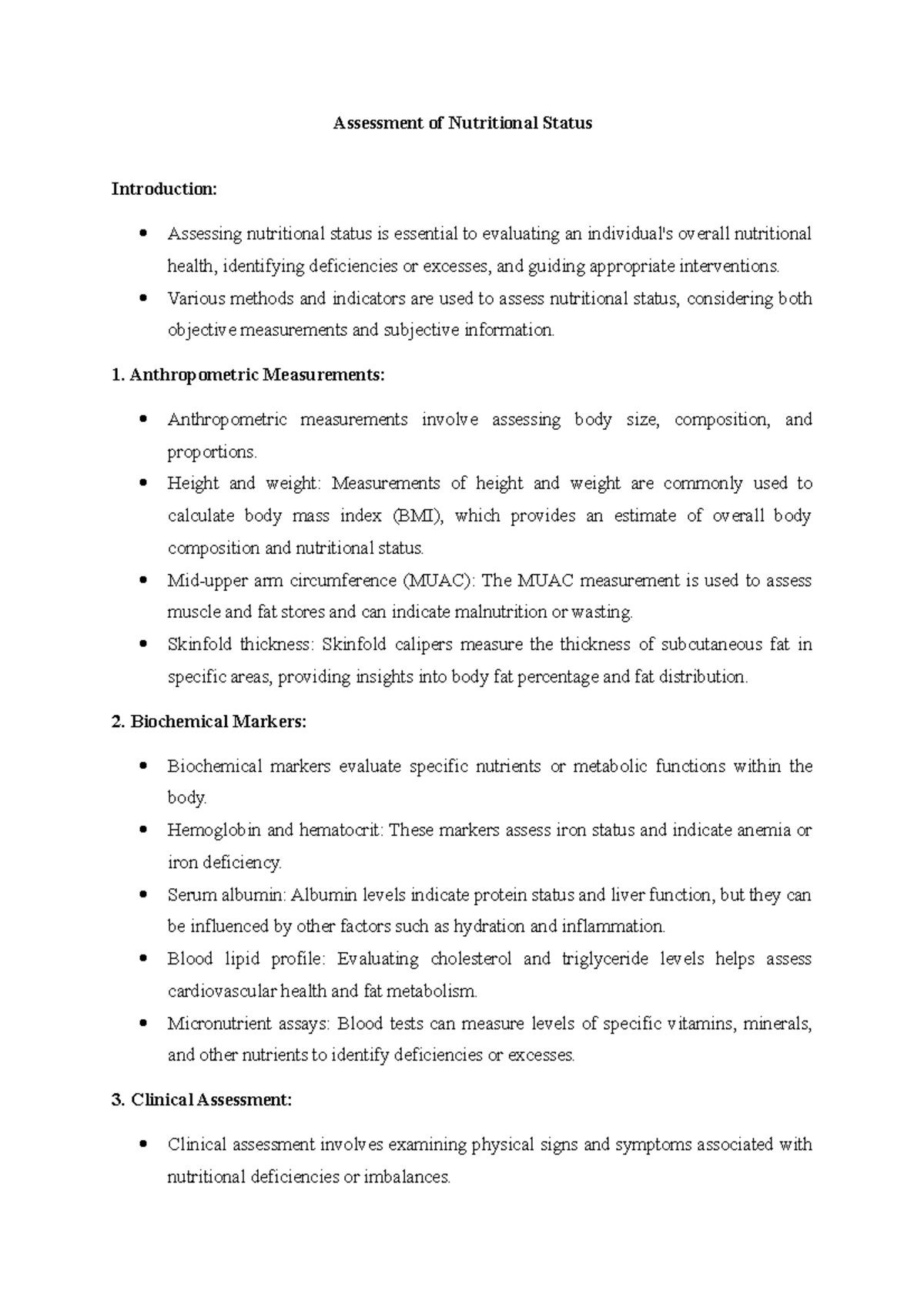 Nutritional Status Assessment: Comprehensive Evaluation Methods - Studocu
