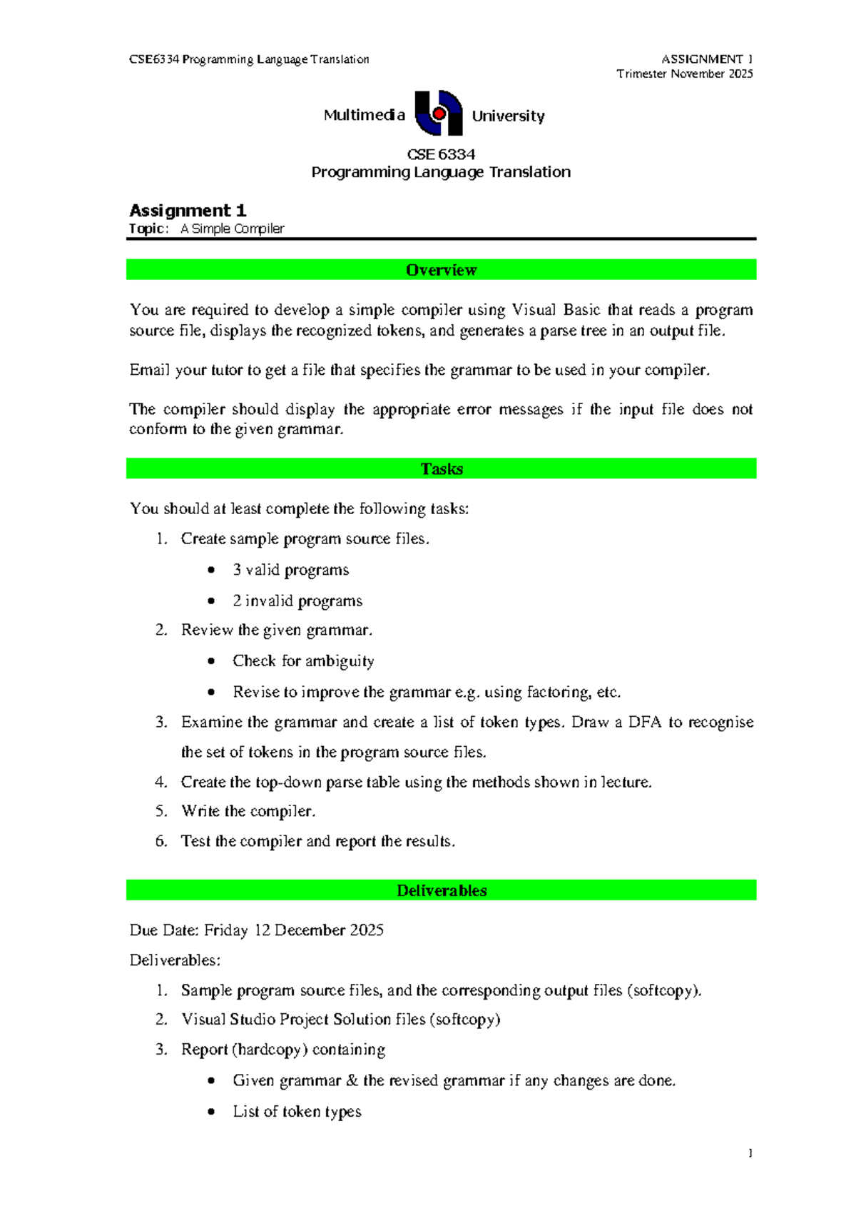 CSE6334 Assignment 1: Simple Compiler Development Overview - Studocu