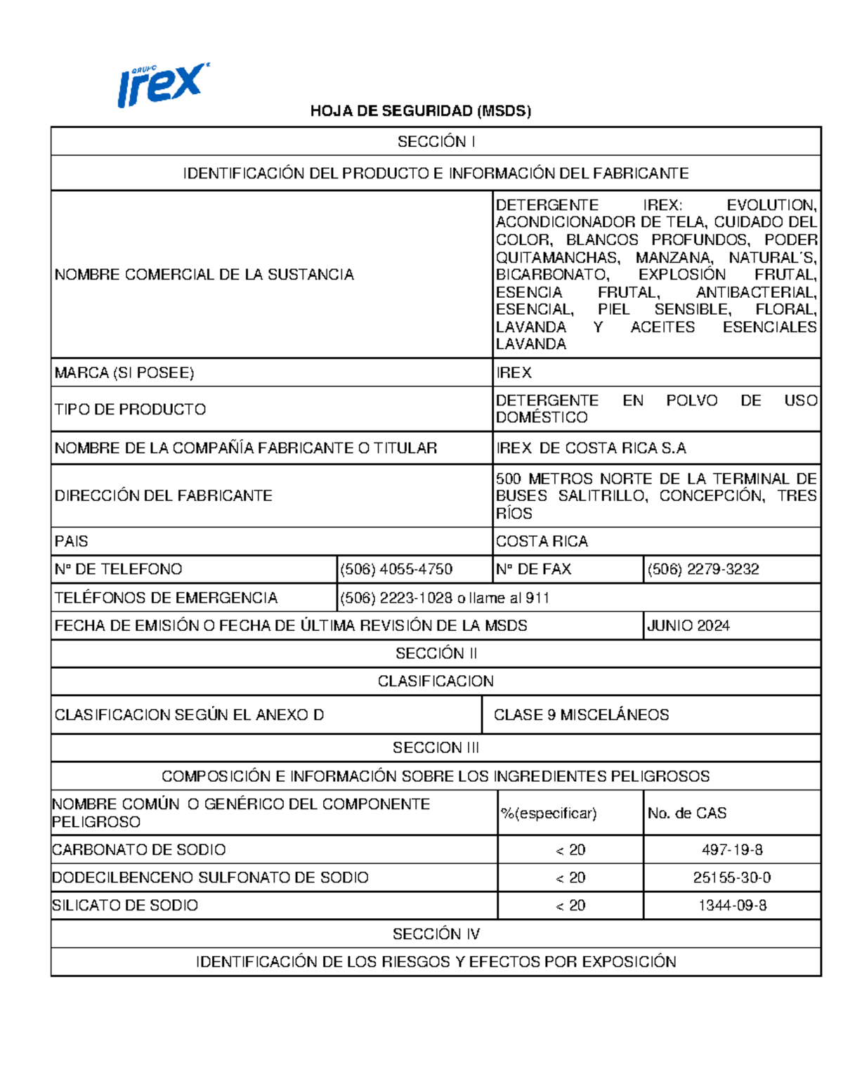 Hoja de Seguridad del Detergente en Polvo Irex - MSDS 2024 - Document Preview