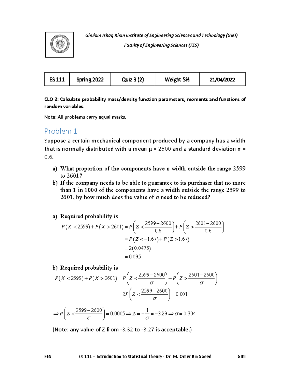 Quiz 3 Solutions for ES 111 - Statistical Theory (Spring 2022) - FES ES ...