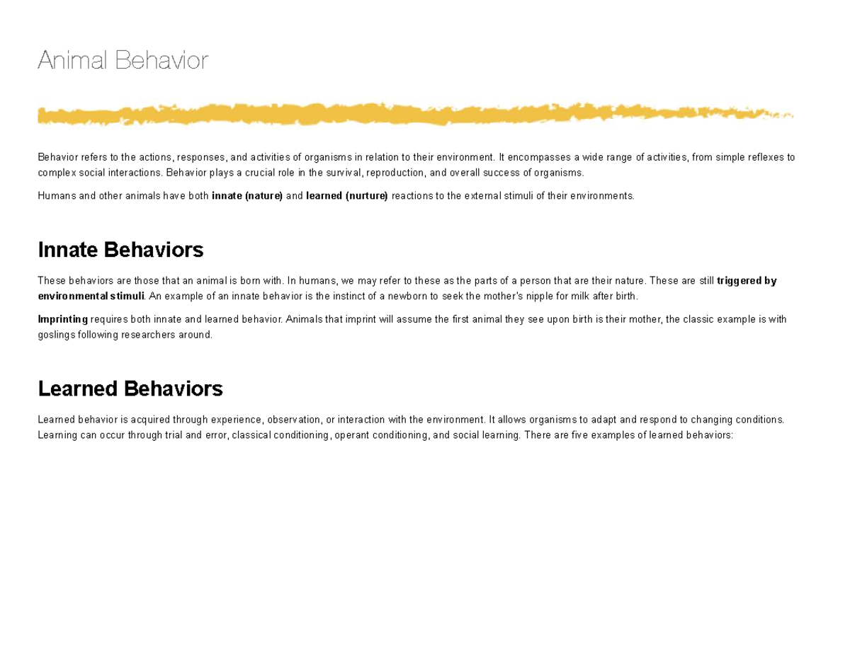 Animal Behavior: Biology (007) Lecture Notes & Key Concepts - Studocu