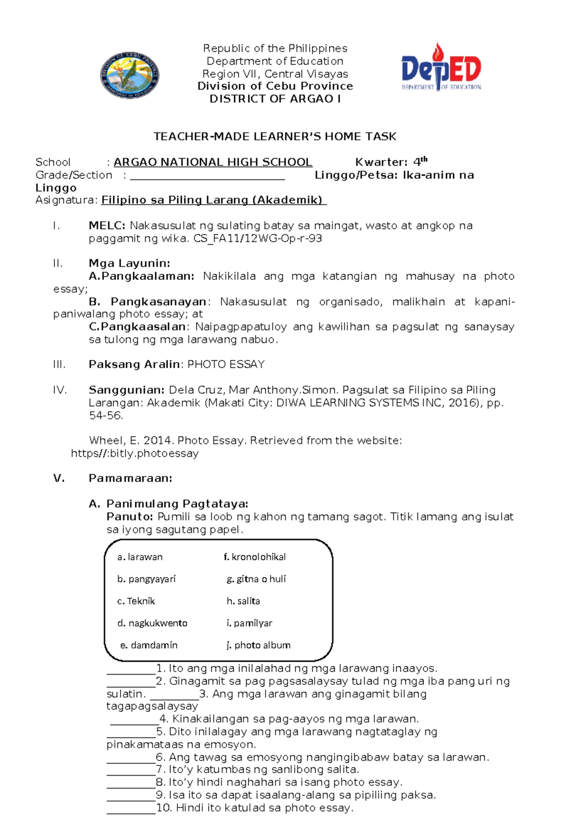 Photo Essay Task for Filipino sa Piling Larang (4th Quarter) - Studocu