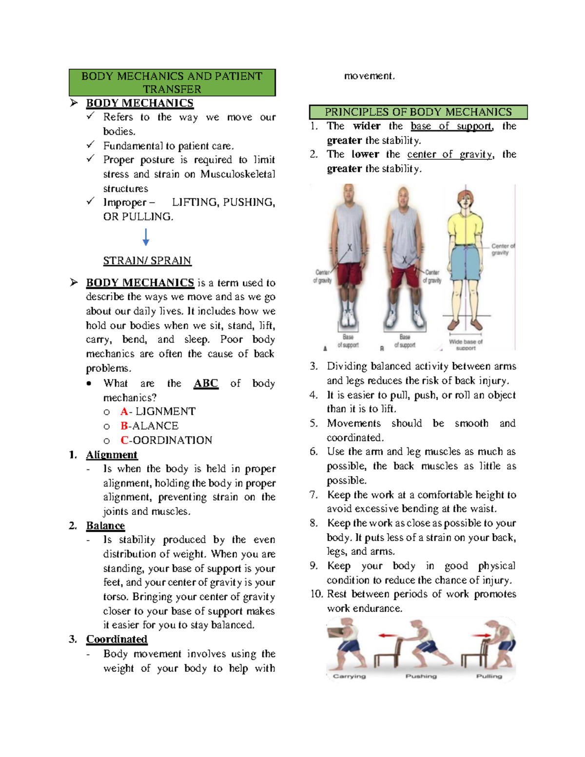 BODY MECHANICS & PATIENT TRANSFER: Essential Guidelines for Care - Studocu