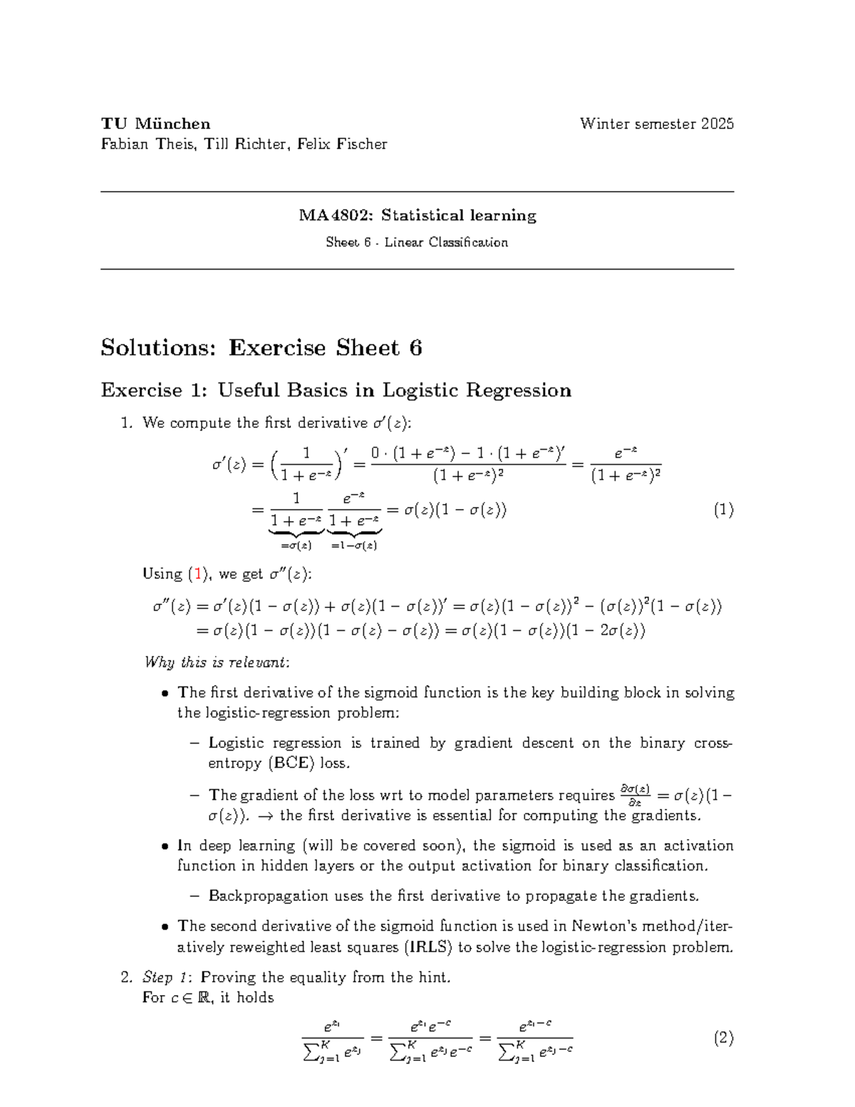 MA4802: Statistical Learning - Solutions for Exercise Sheet 6 - Studocu